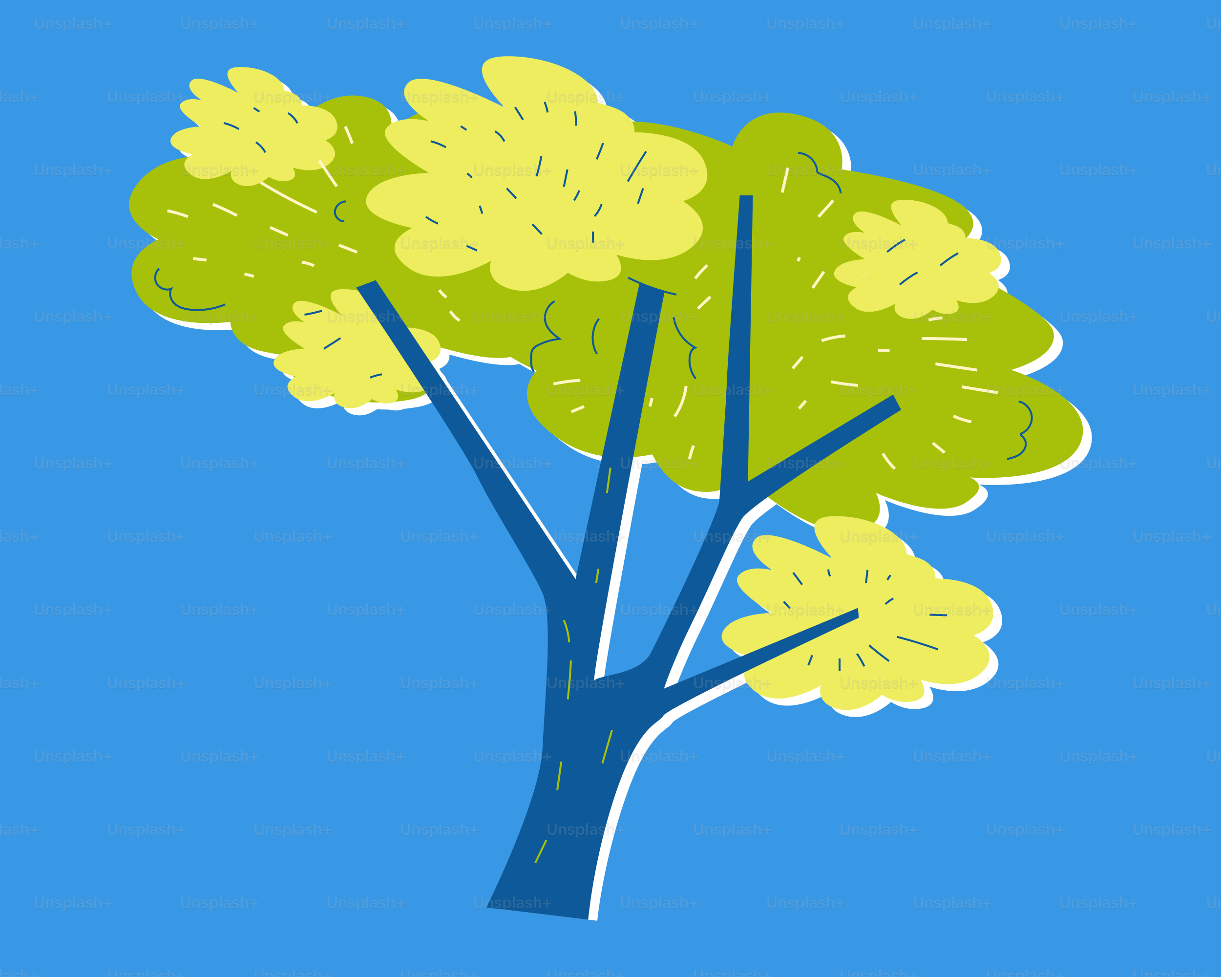 青い背景に青い幹を持つスタイライズされた緑の木