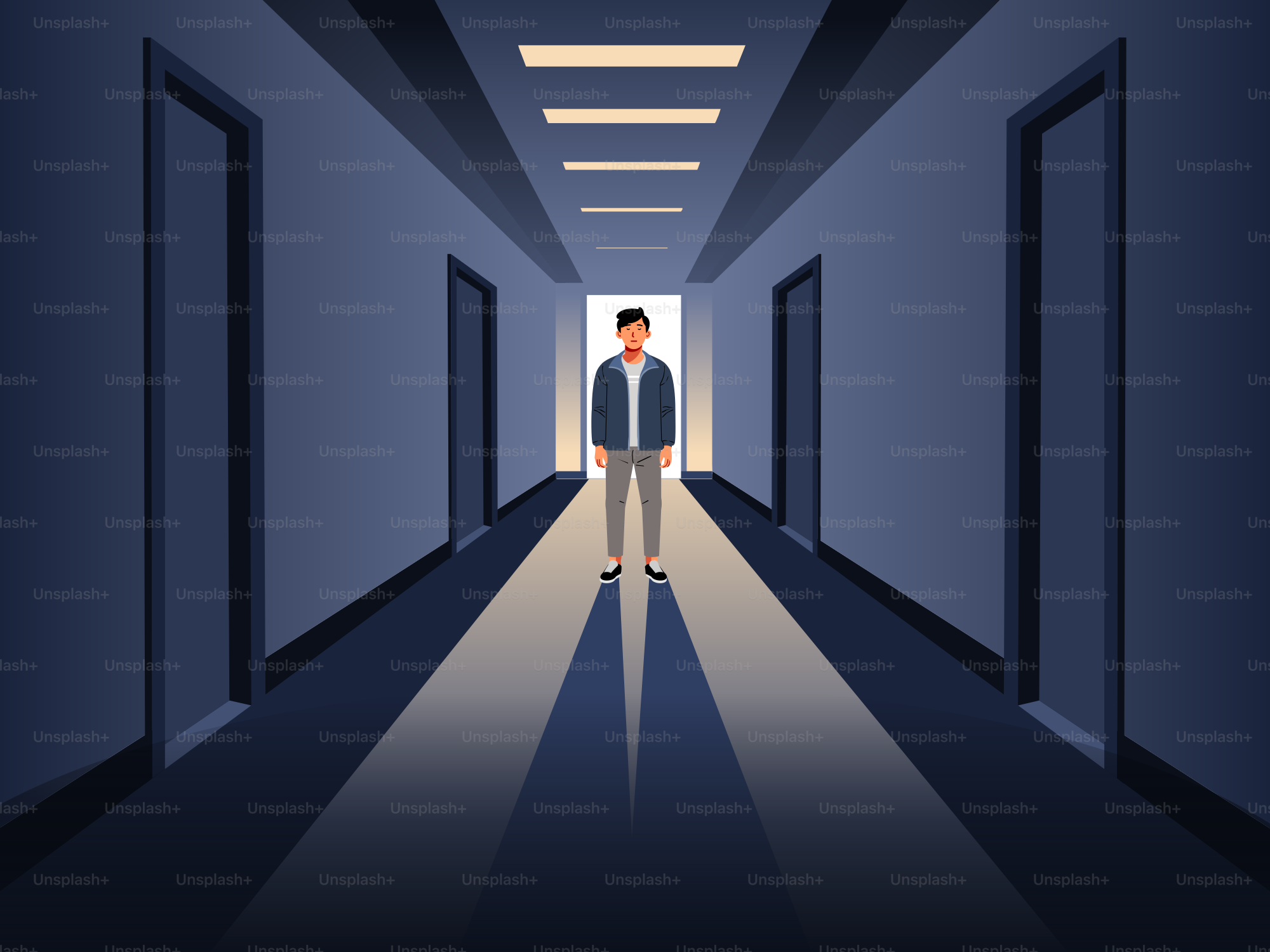 Mann, der in einem dunklen, langen Flur steht.