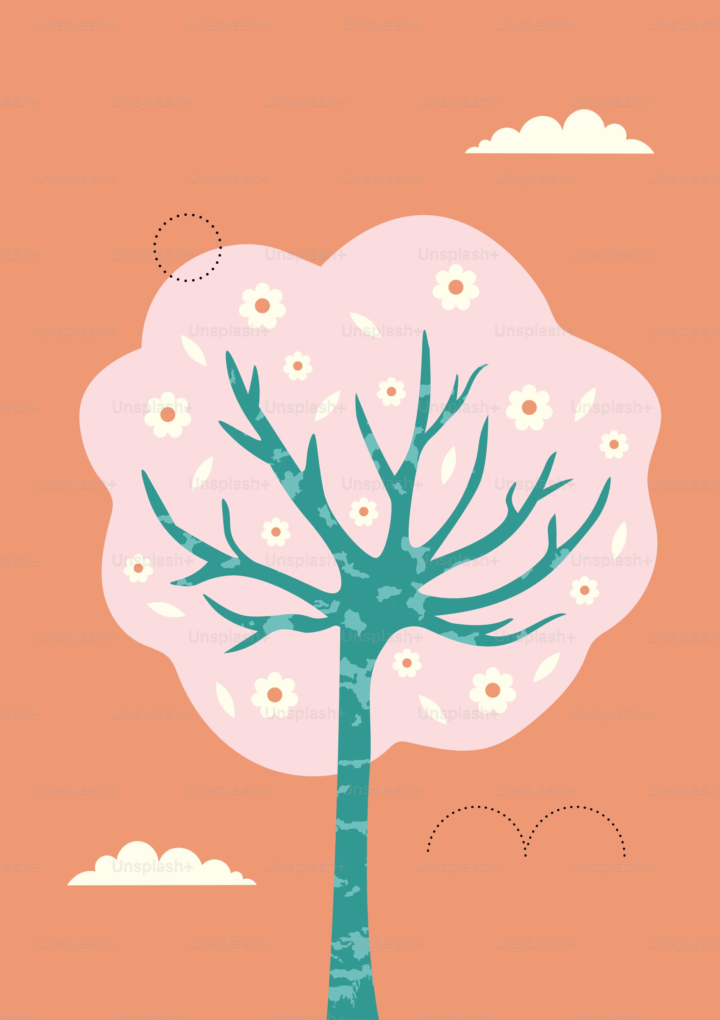 Ein stilisierter Baum mit rosa Blüten auf orangefarbenem Hintergrund