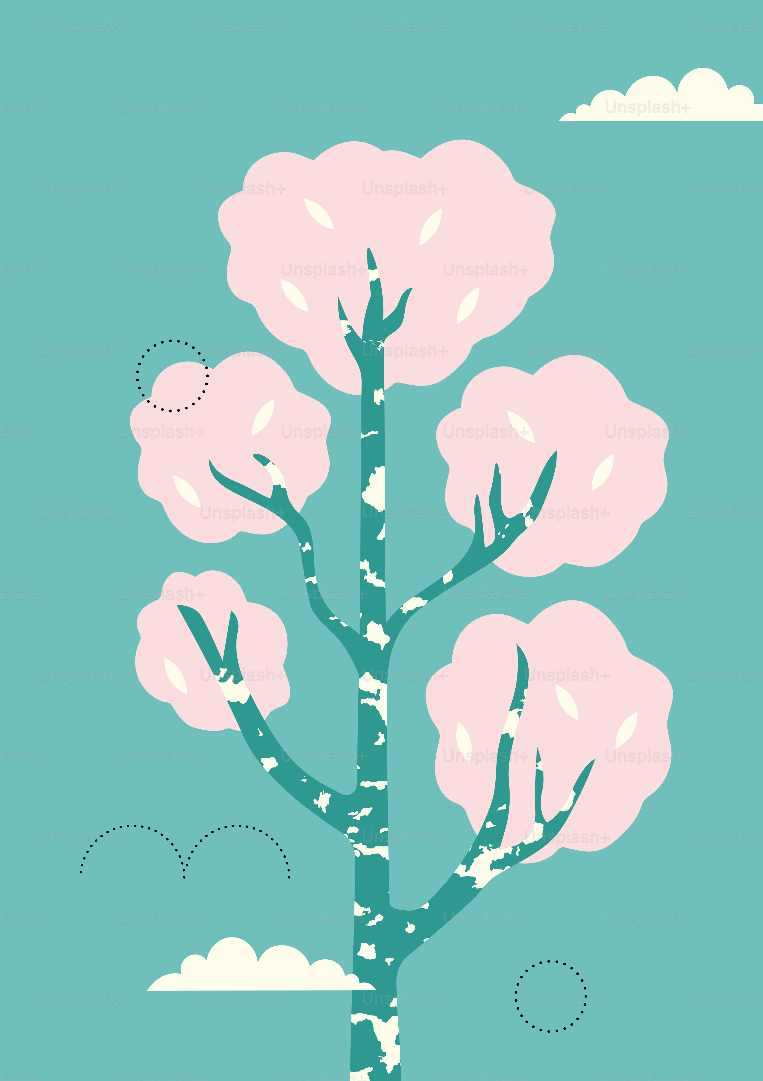 Stilisierter Baum mit rosa Blüten und Wolken