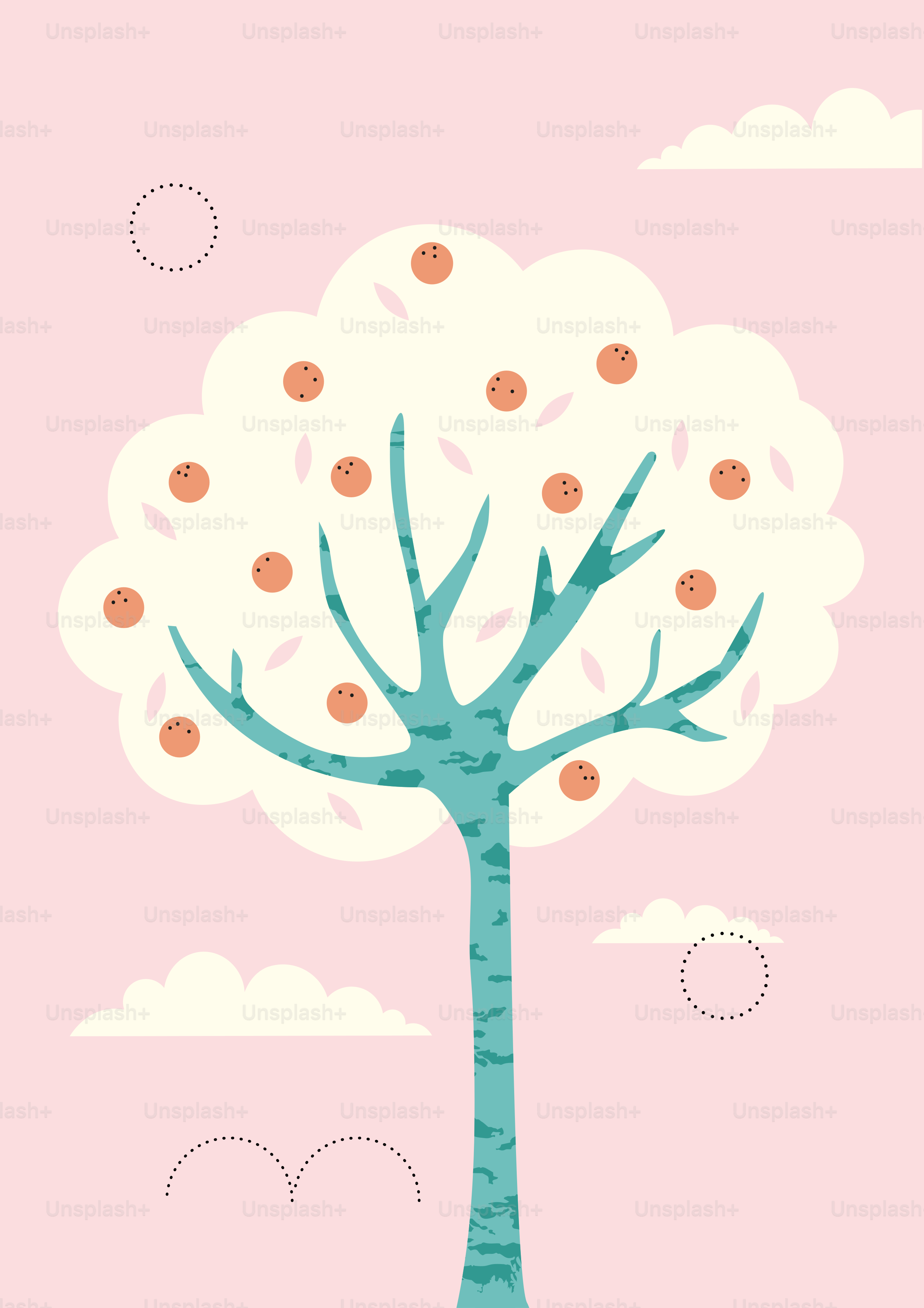 A stylized tree with orange fruits and clouds