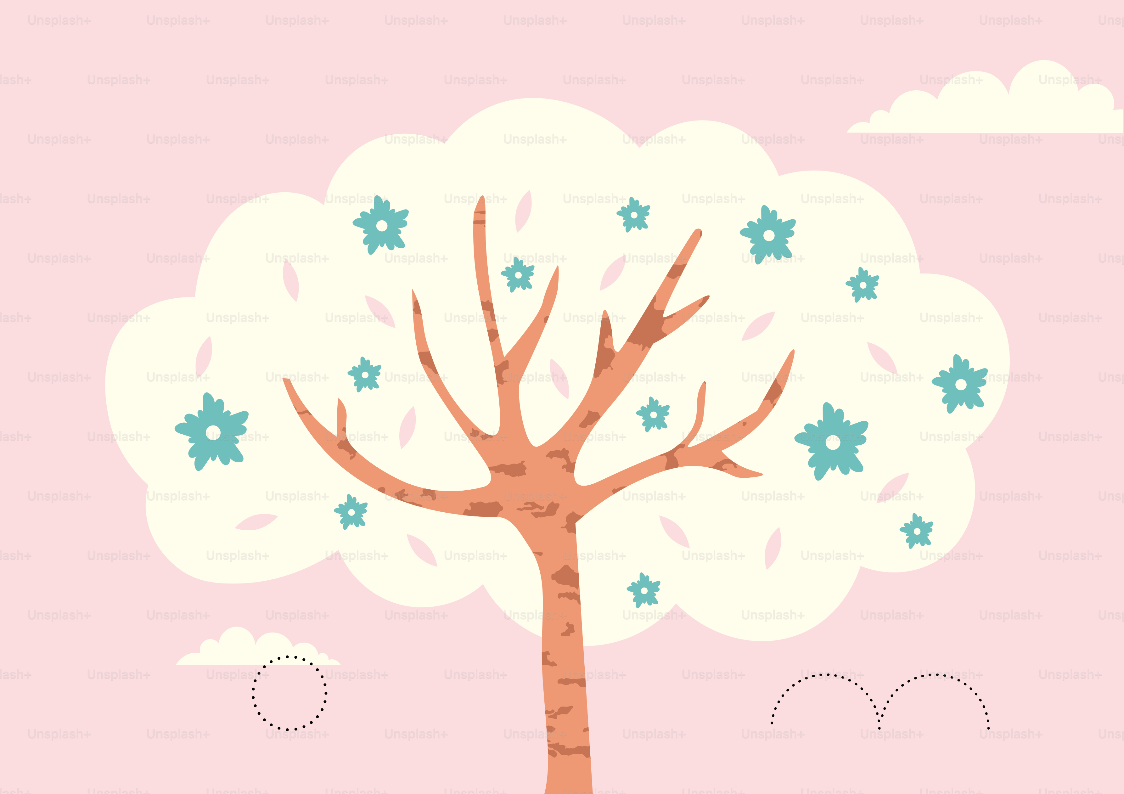 Ein stilisierter Baum mit hellblauen Blumen auf rosa Hintergrund