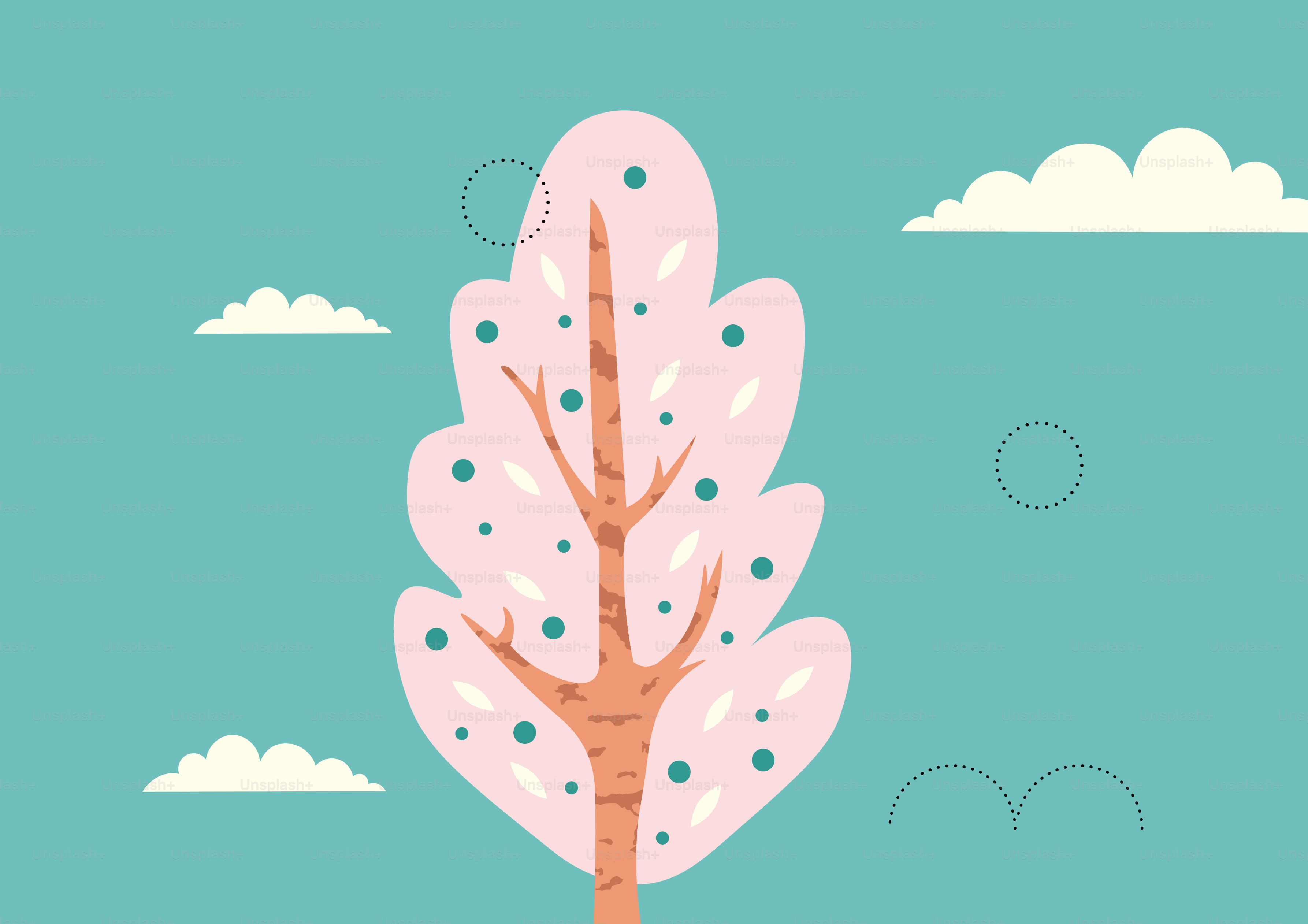 Ein stilisierter rosa Baum mit grünen Punkten vor blauem Himmel.