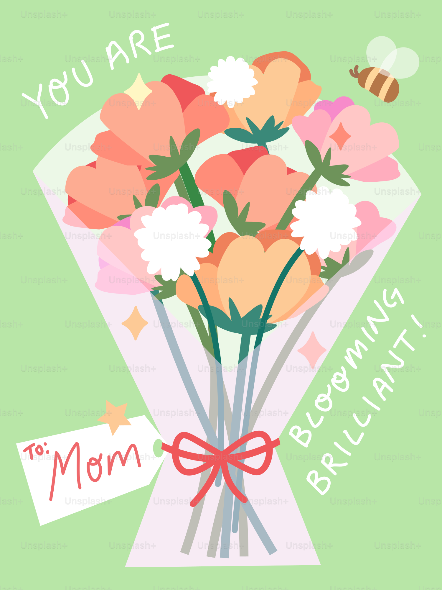 Bouquet of flowers with a bee and "to: mom" tag