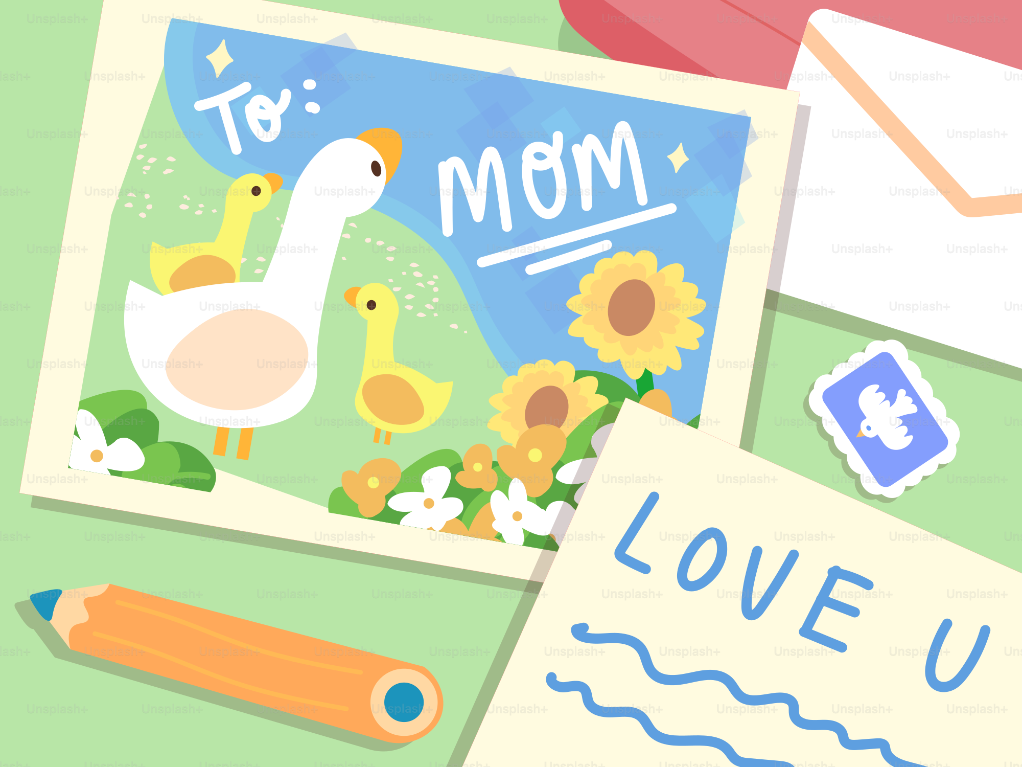 A drawing of a goose and ducklings for mom.