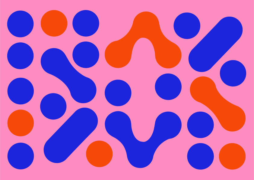 Patrón abstracto de formas azules y naranjas sobre rosa