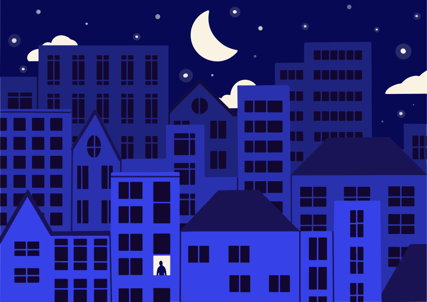 Una figura solitaria en una ventana iluminada por la noche.