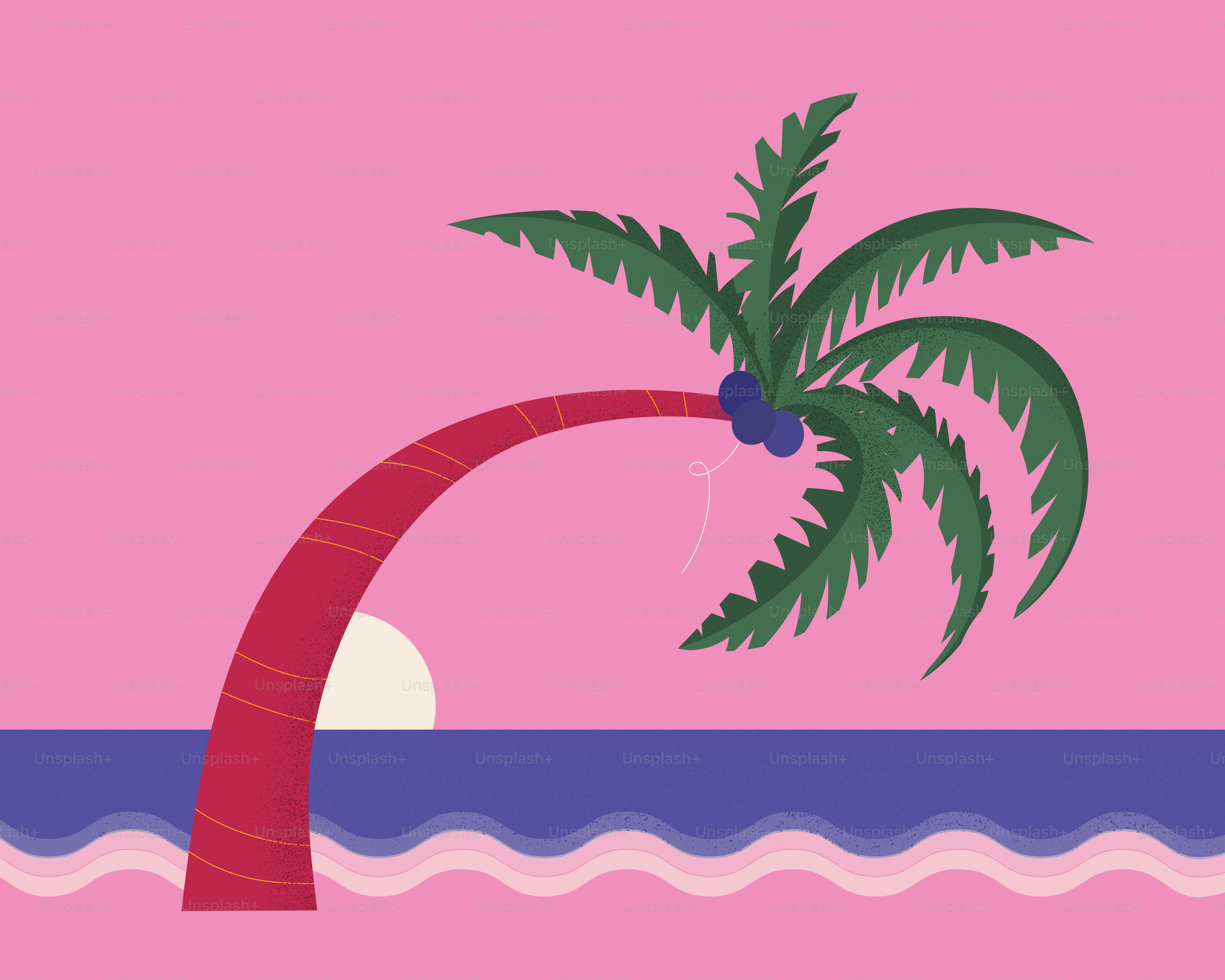 Palma su sfondo rosa con oceano e sole.