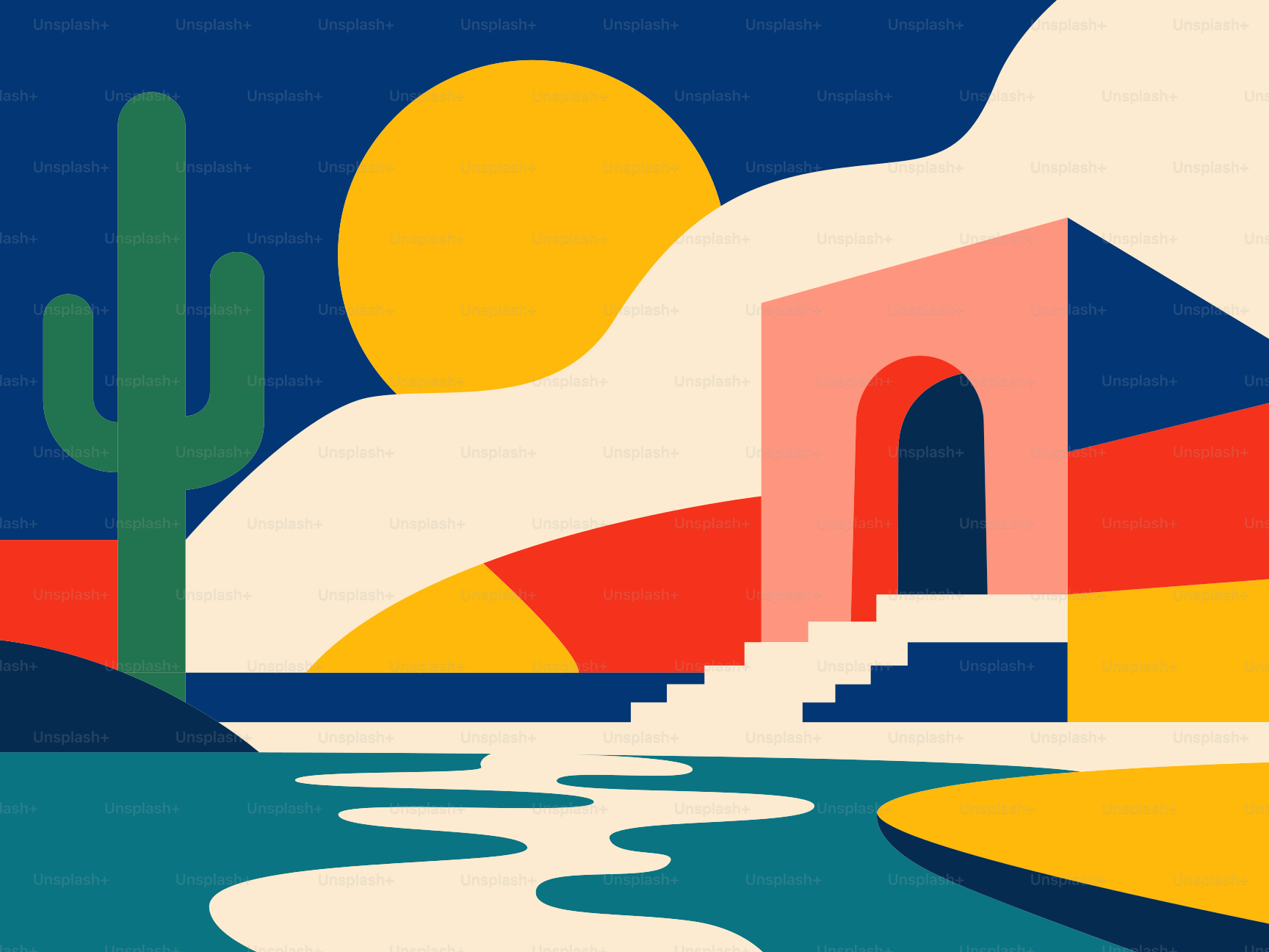 Paisaje desértico estilizado con cactus y arco