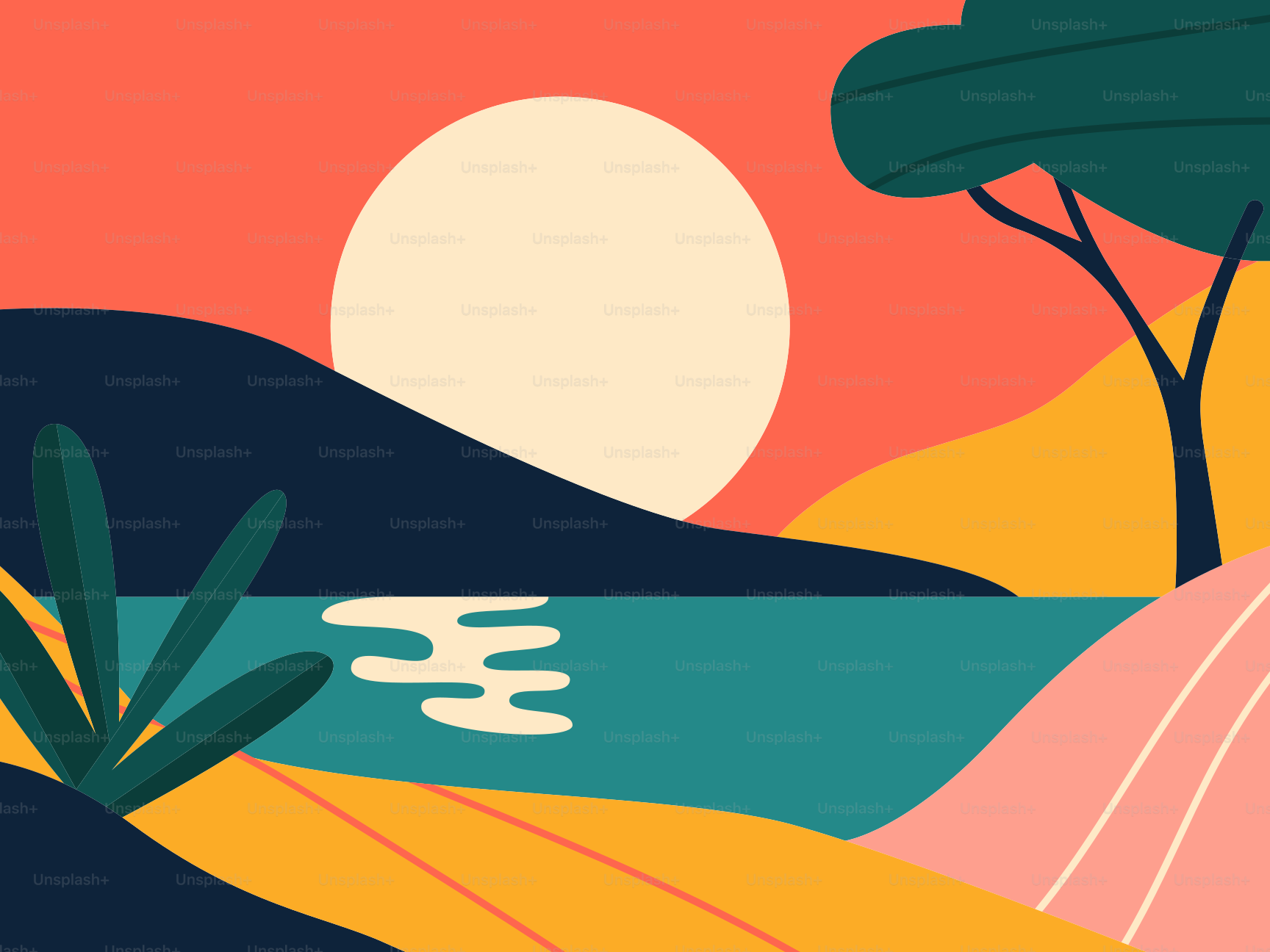 Paisaje estilizado con sol sobre el agua y las colinas.