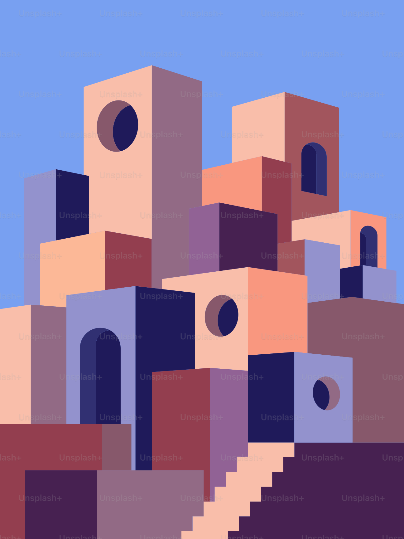 Edificios geométricos abstractos con ventanas y puertas