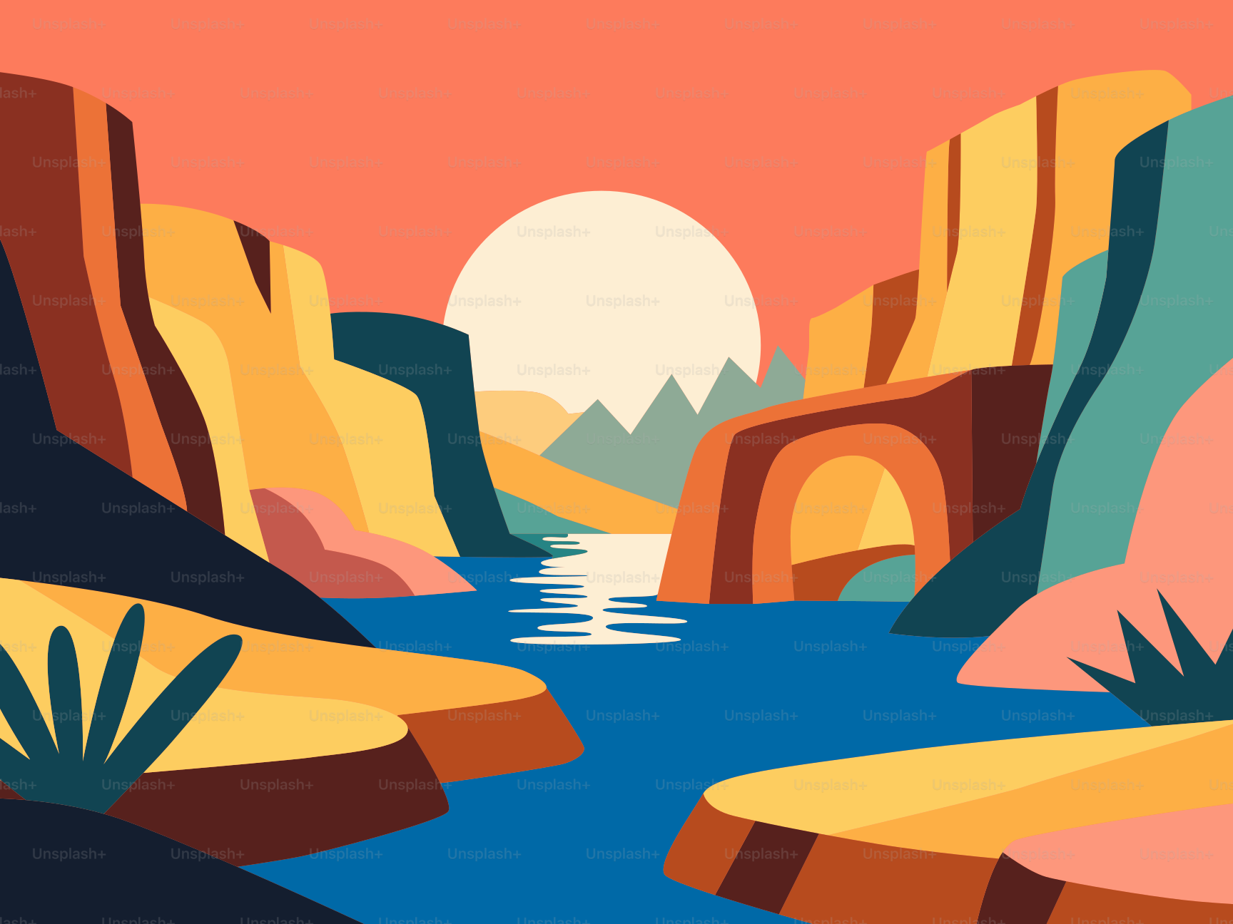 Stylized canyon landscape with river at sunset
