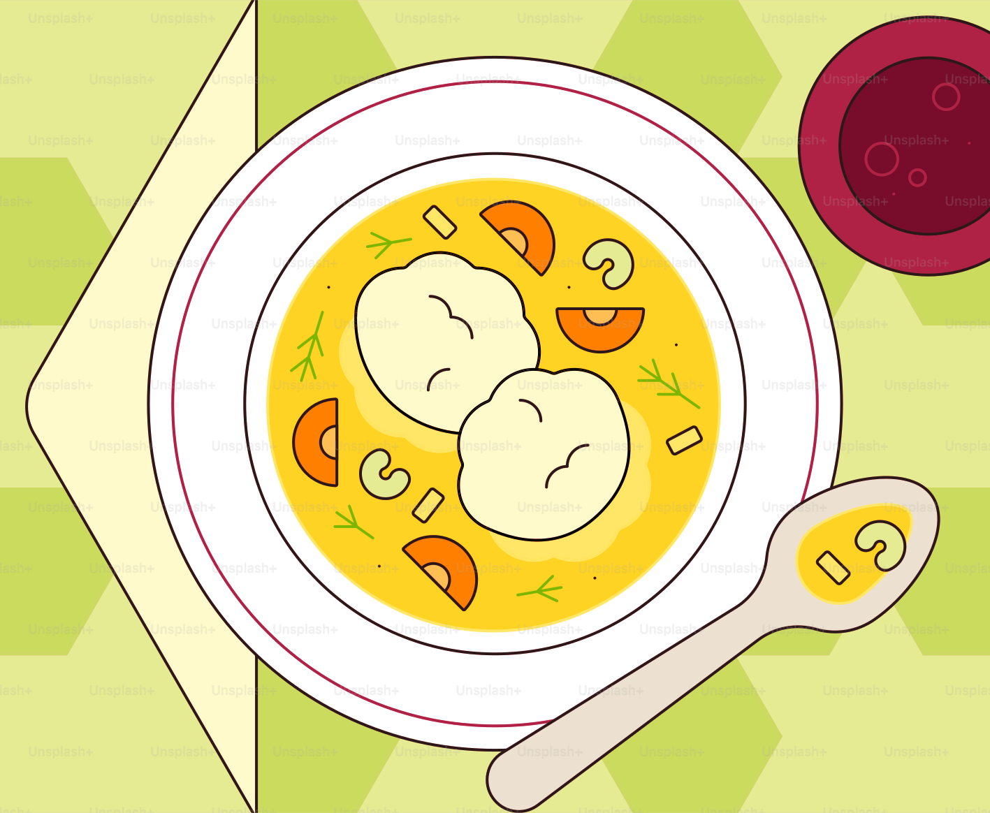 Schüssel Suppe mit Knödeln, Karotten und Pilzen.