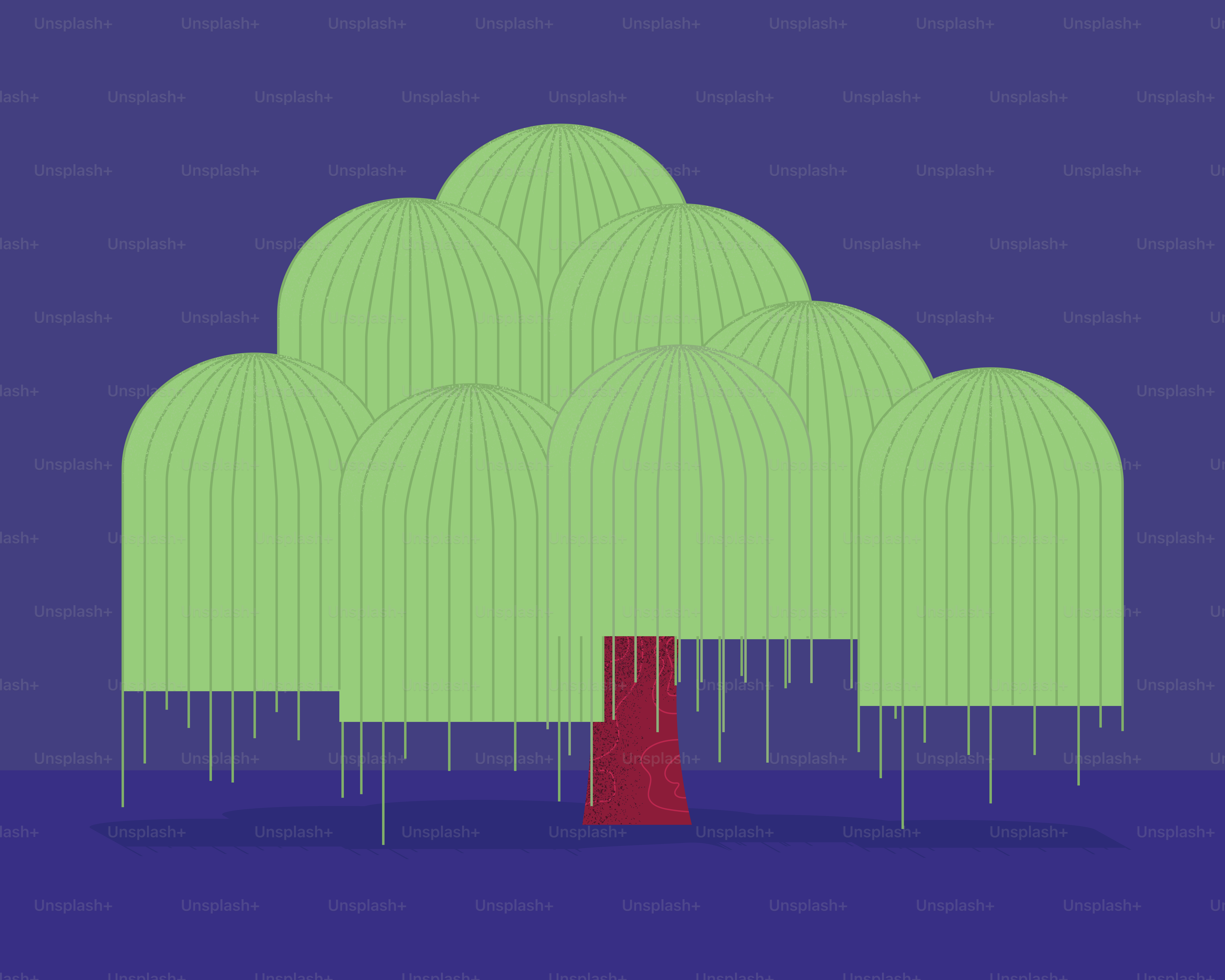 붉은 줄기를 가진 스타일화된 녹색 수양버드나무