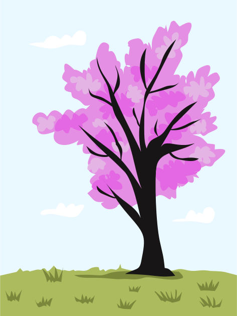 Ein stilisierter rosa Kirschblütenbaum in Blüte.