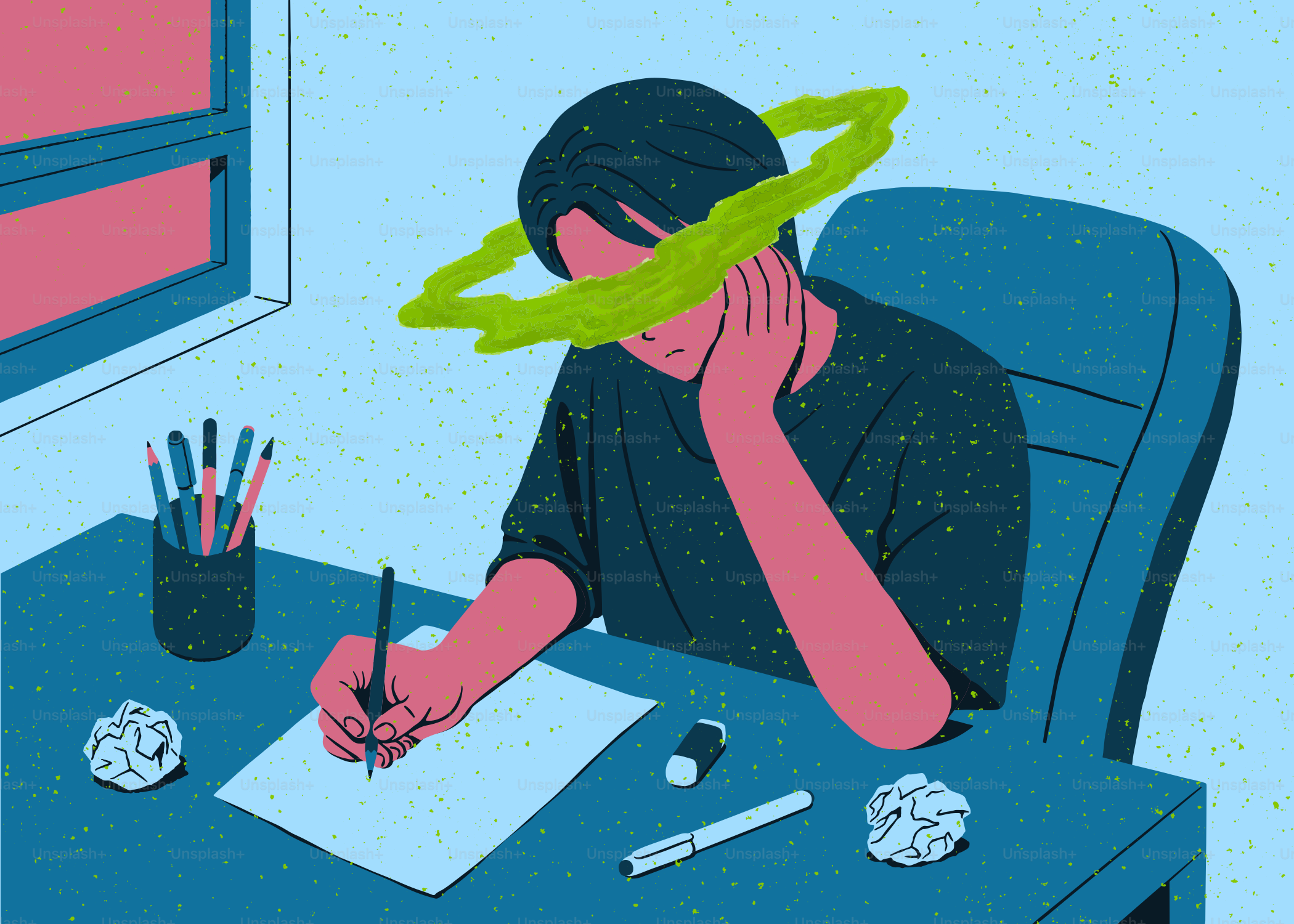 Persona che scrive a una scrivania con fumo verde intorno alla testa