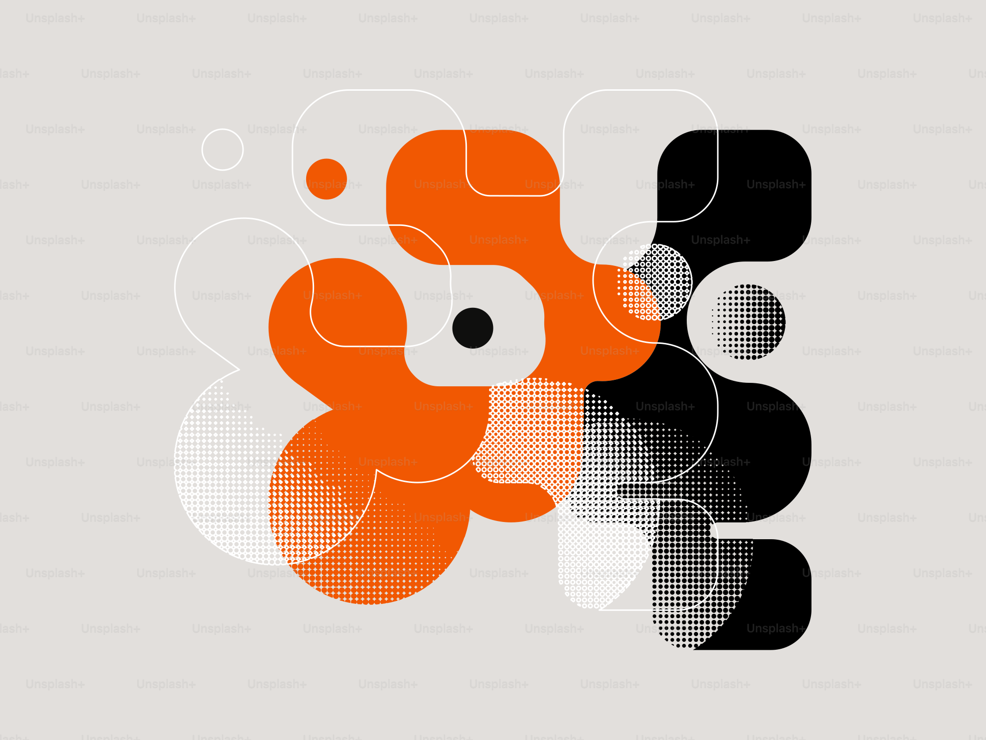 Forme geometriche astratte con elementi arancioni e neri.