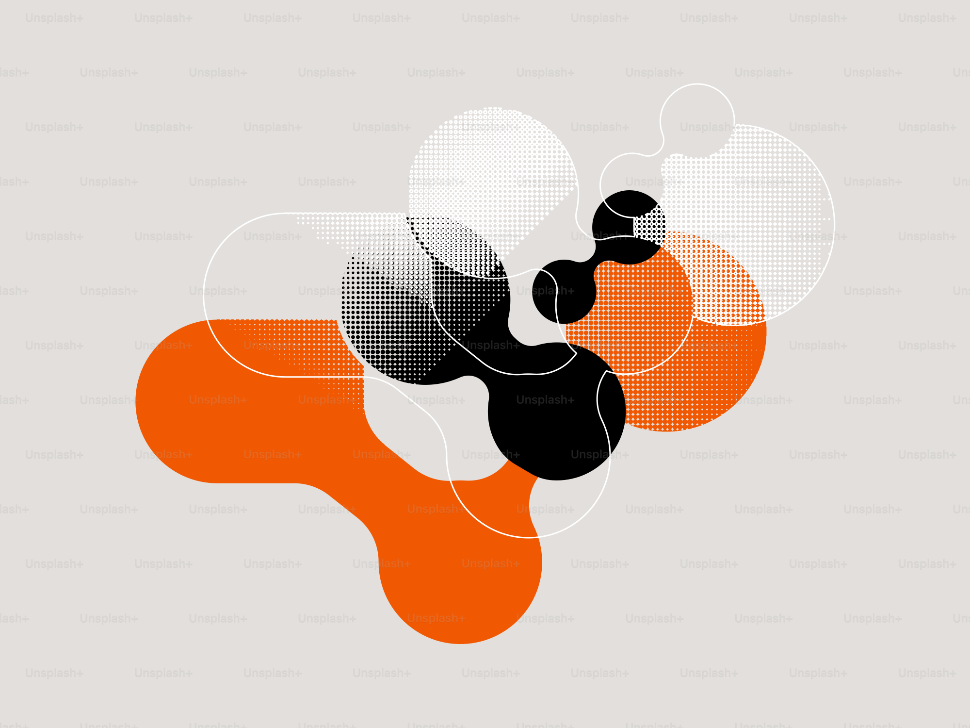 Forme astratte e organiche con accenti arancioni e neri.