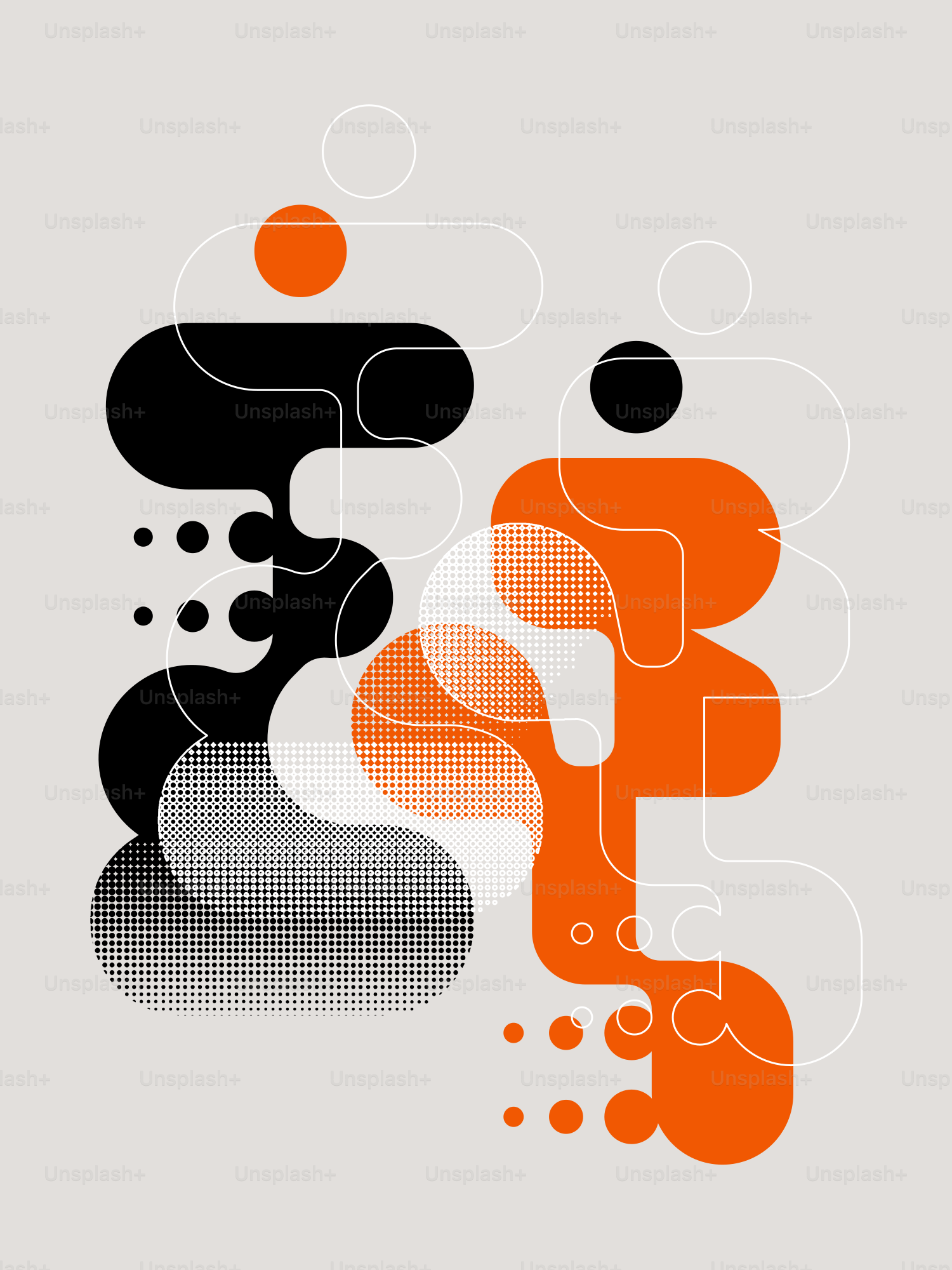 Forme astratte con elementi arancioni, neri e grigi.