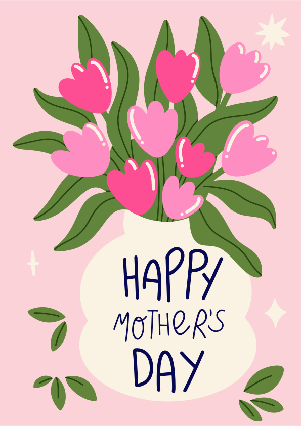 Tulipanes rosas y morados en un jarrón para el Día de la Madre.