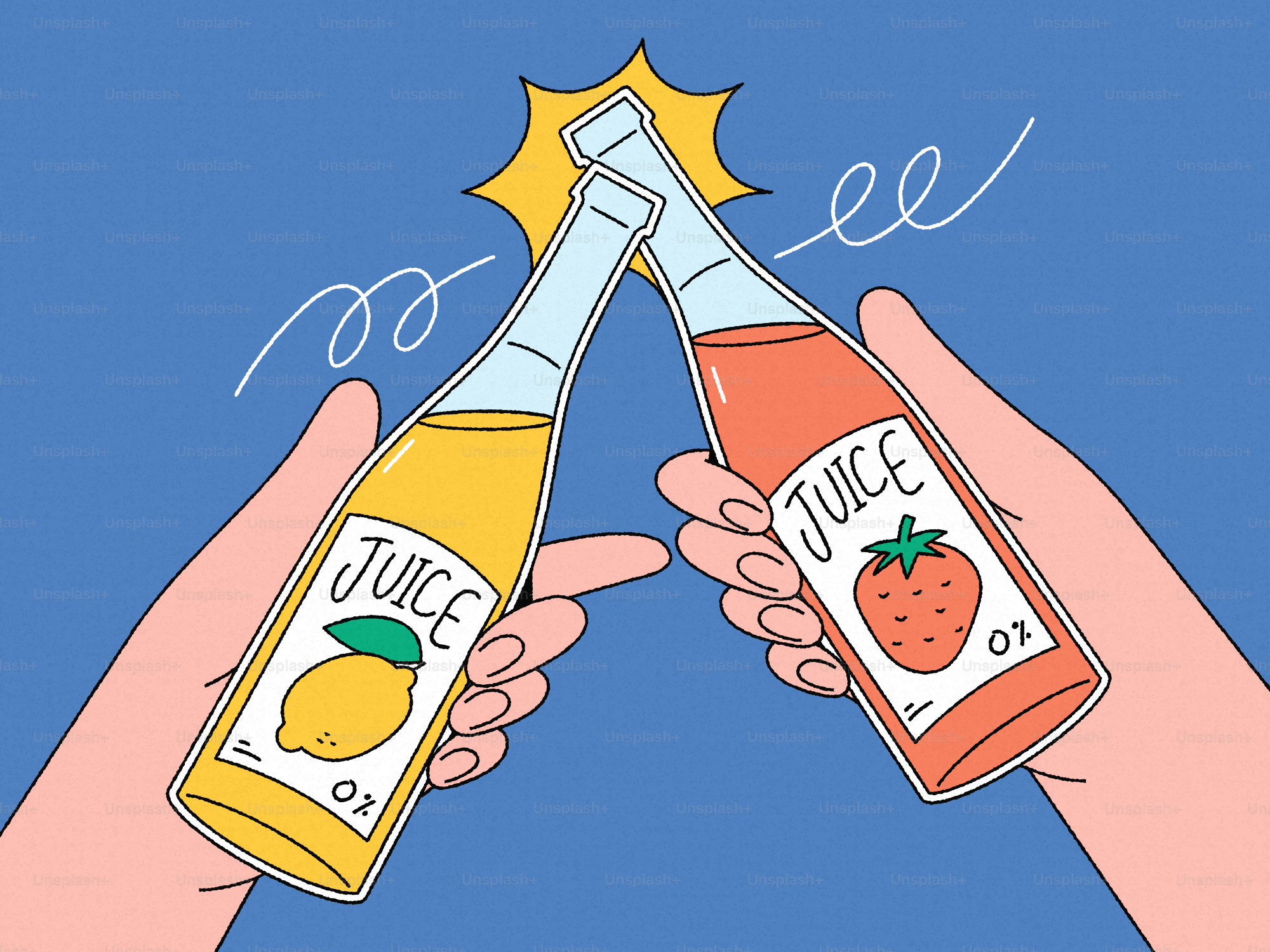 Due mani che tengono bottiglie di succo, brindano.