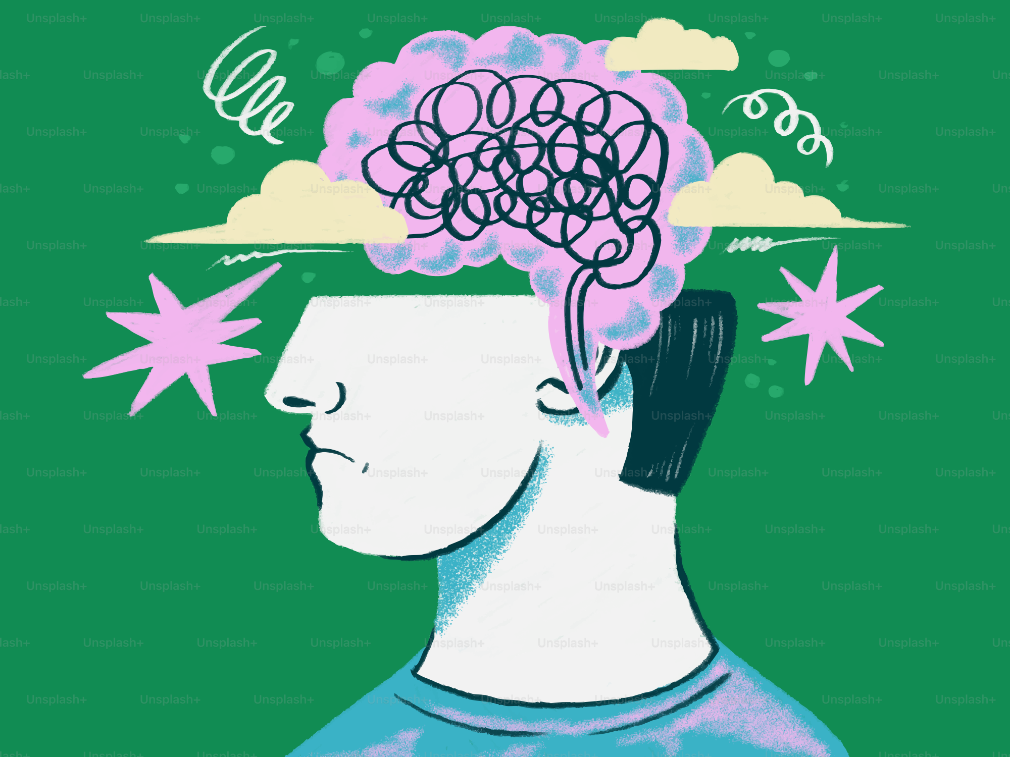 Un cerveau avec des pensées embrouillées au-dessus de la tête d’une personne.