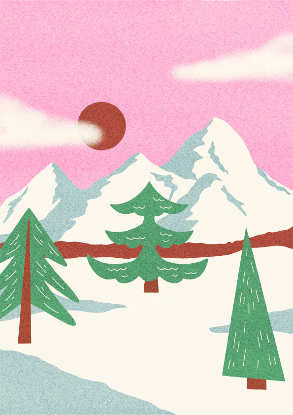 Paisaje nevado con pinos y montañas