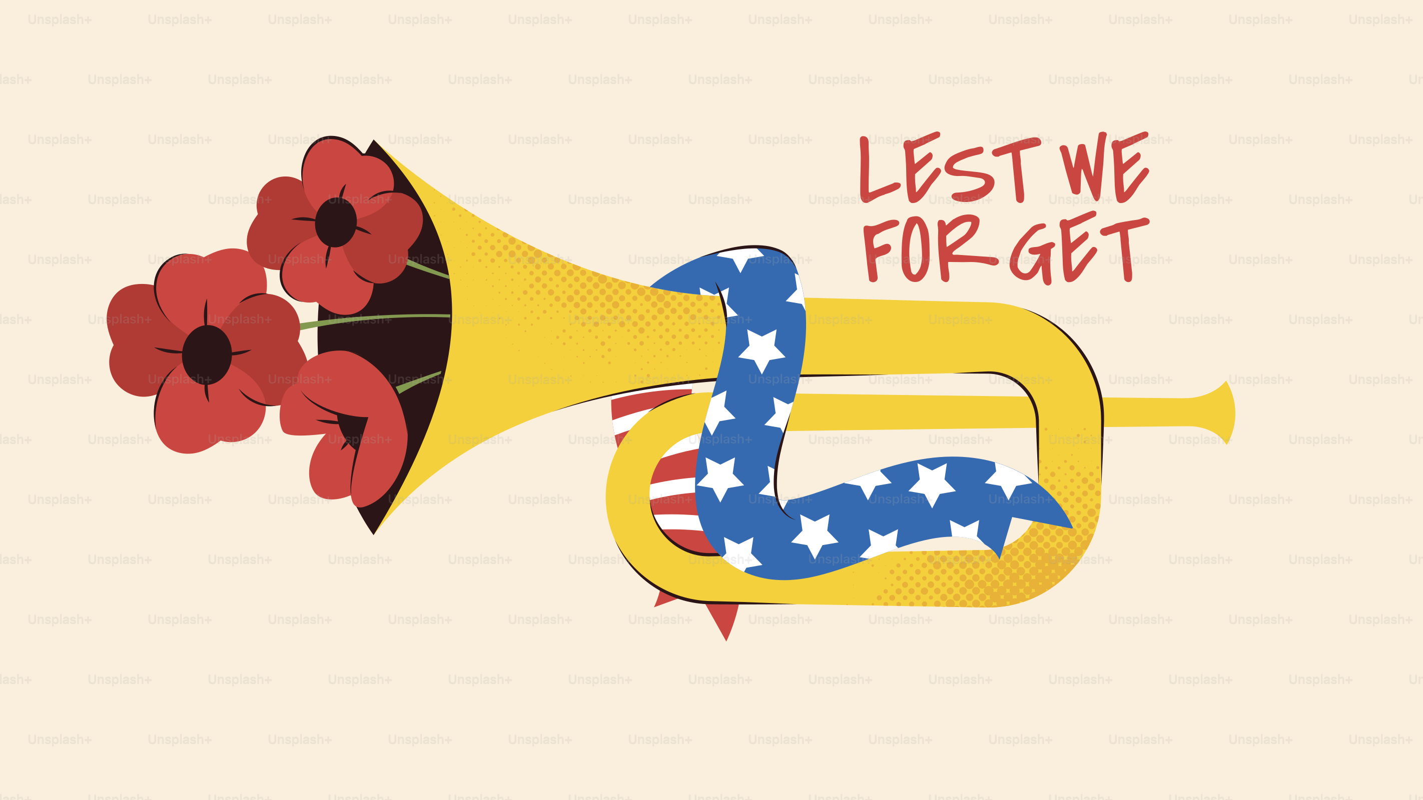 Corneta con amapolas y texto "no olvidemos"