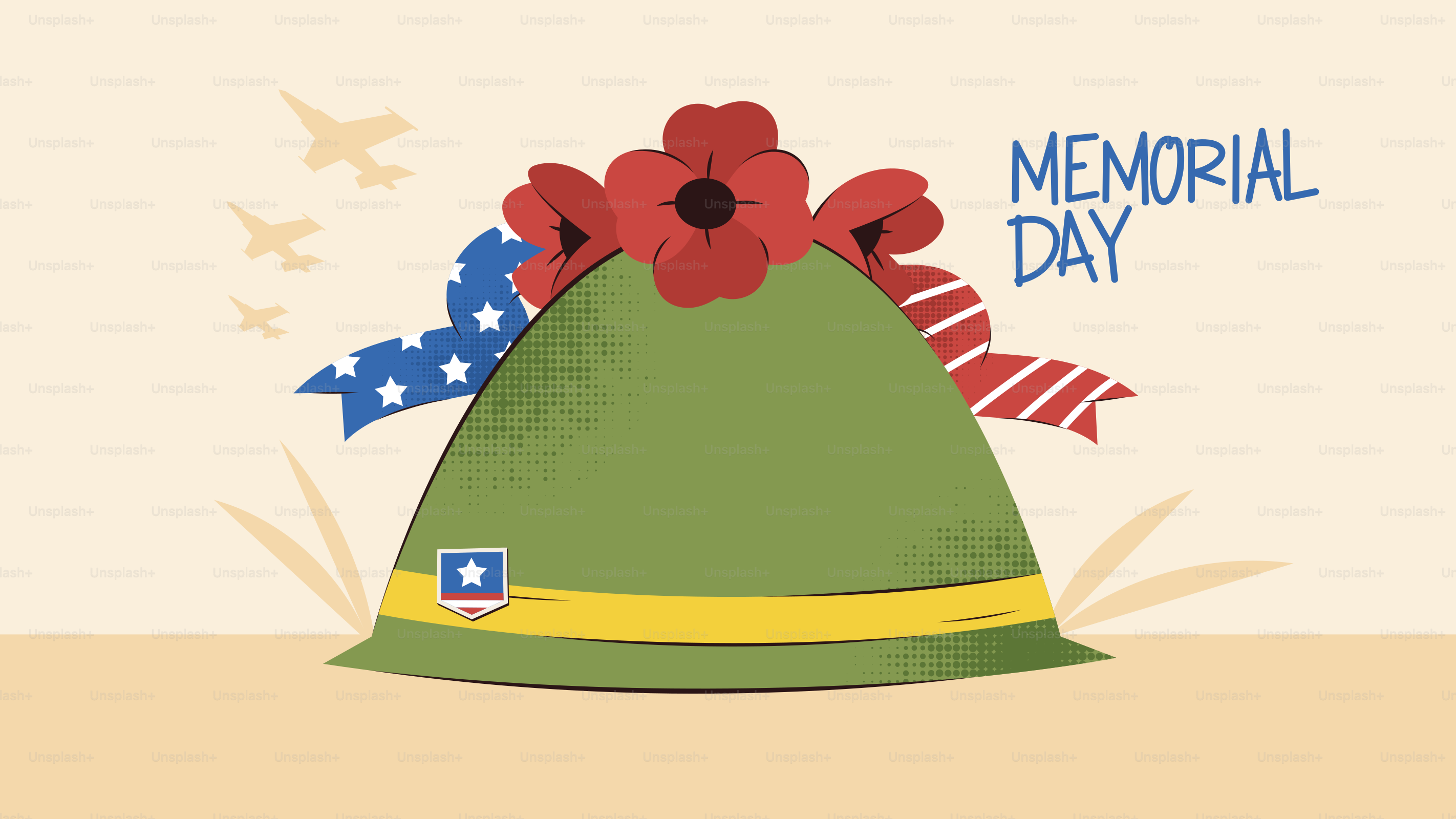 Casco del Día de los Caídos con amapolas y cintas