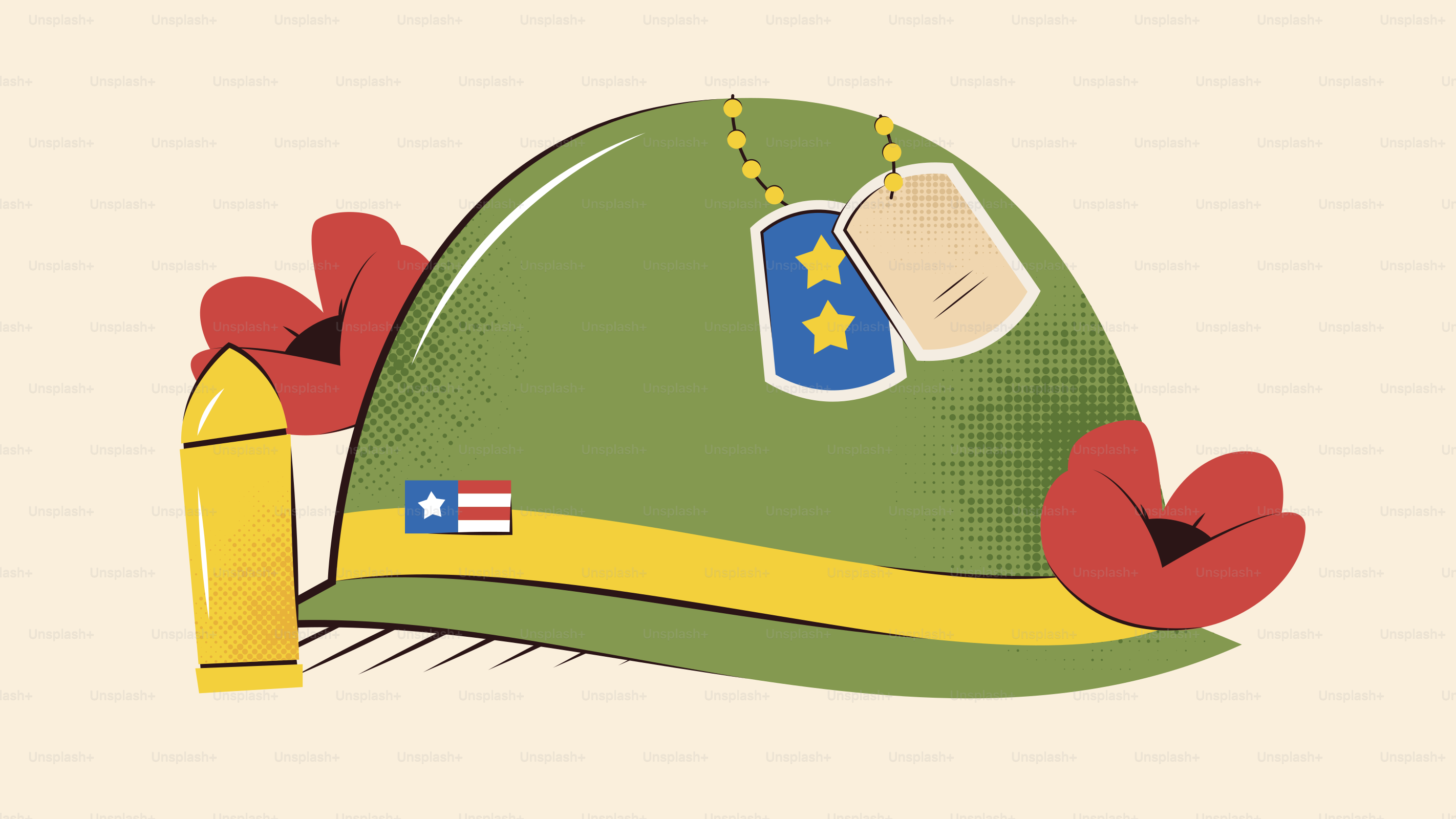 Un casco de soldado con amapolas y chapas de identificación