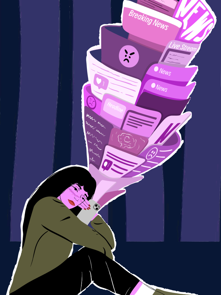Woman overwhelmed by news and social media notifications