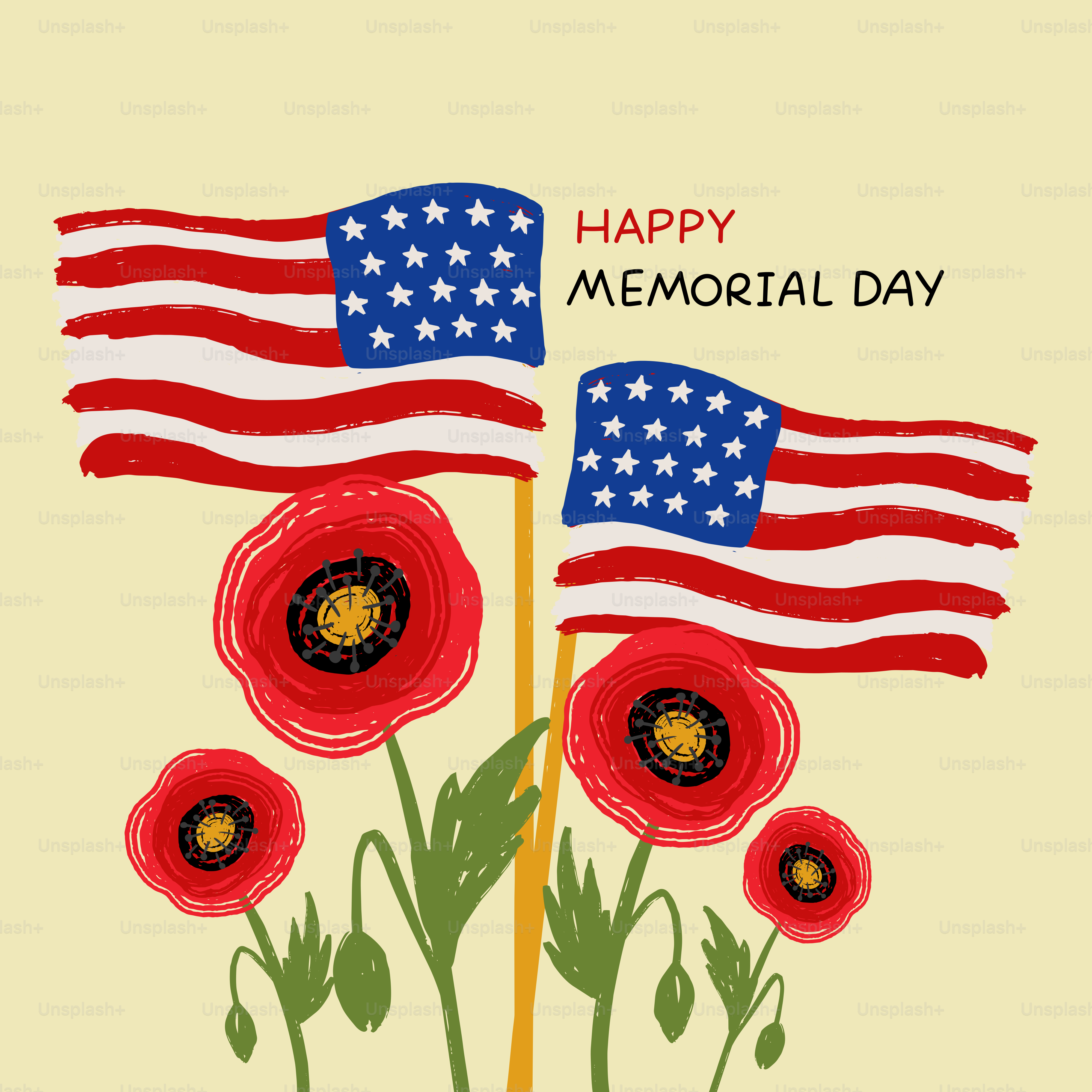 Zwei amerikanische Flaggen und rote Mohnblumen mit Text.