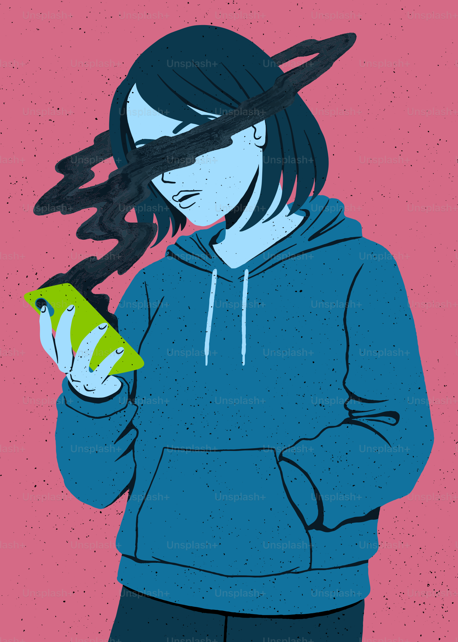 Donna che guarda il telefono con il fumo nero che oscura il volto