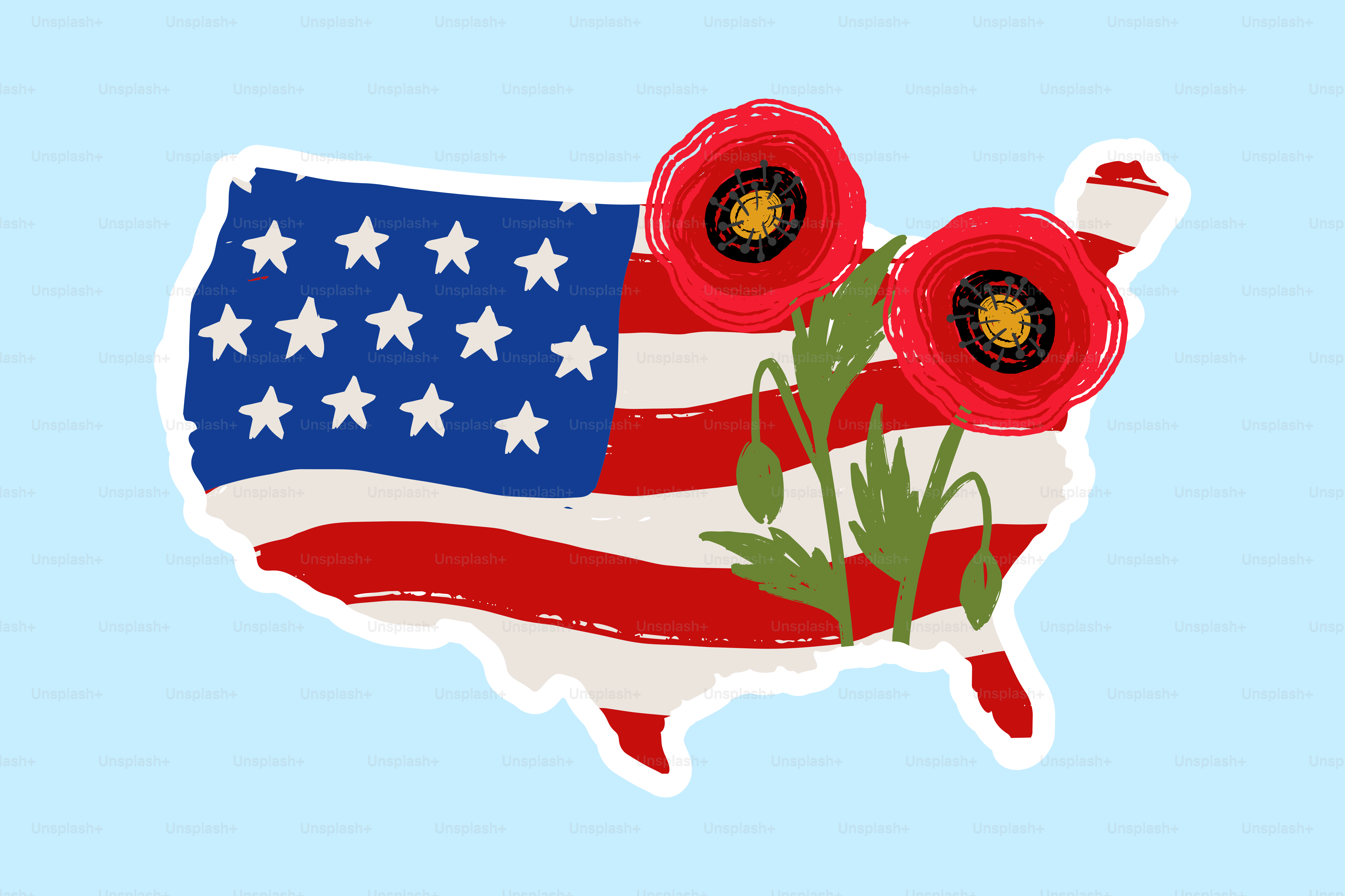 Usa map with american flag and red poppies