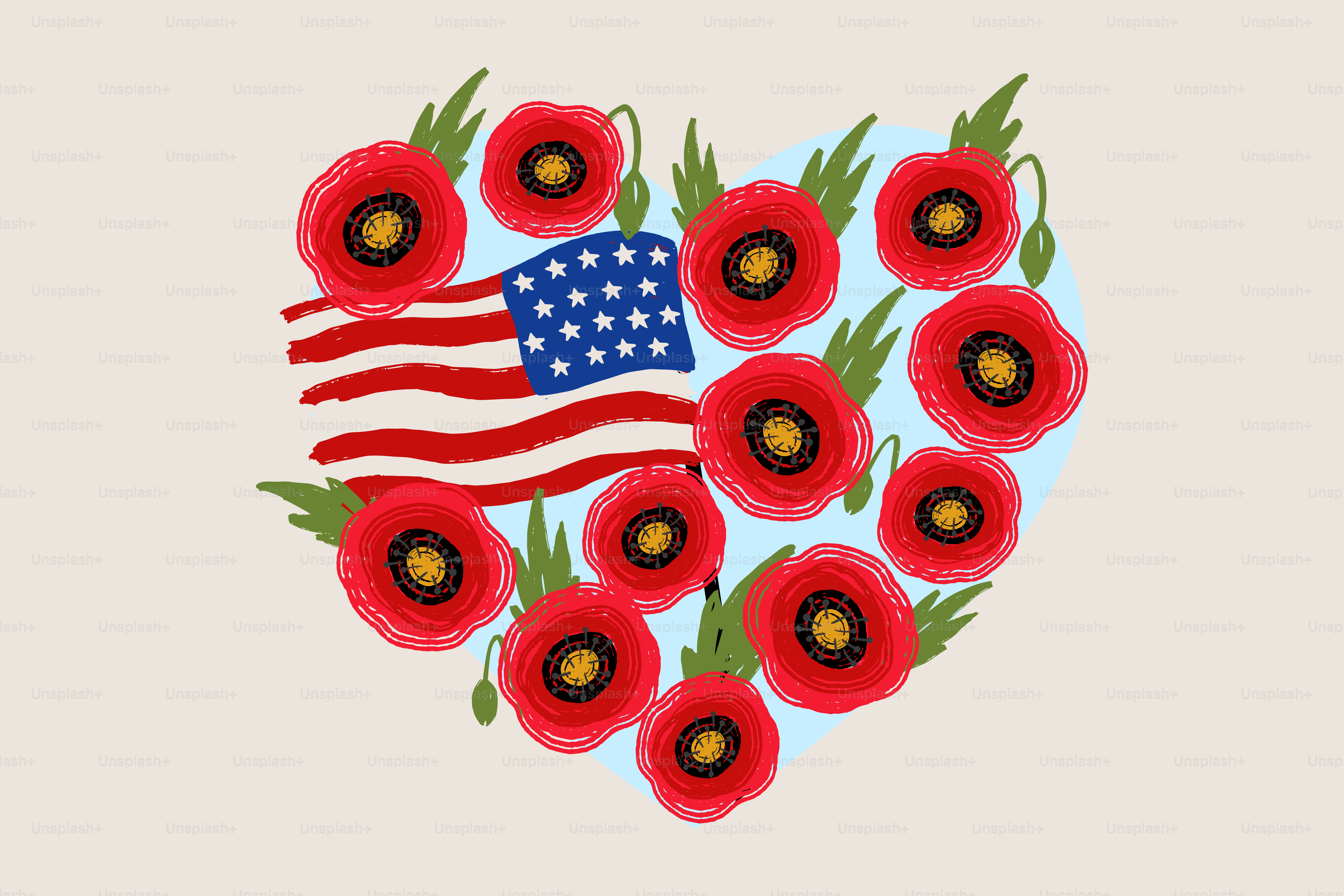 Herzform mit amerikanischer Flagge und roten Mohnblumen