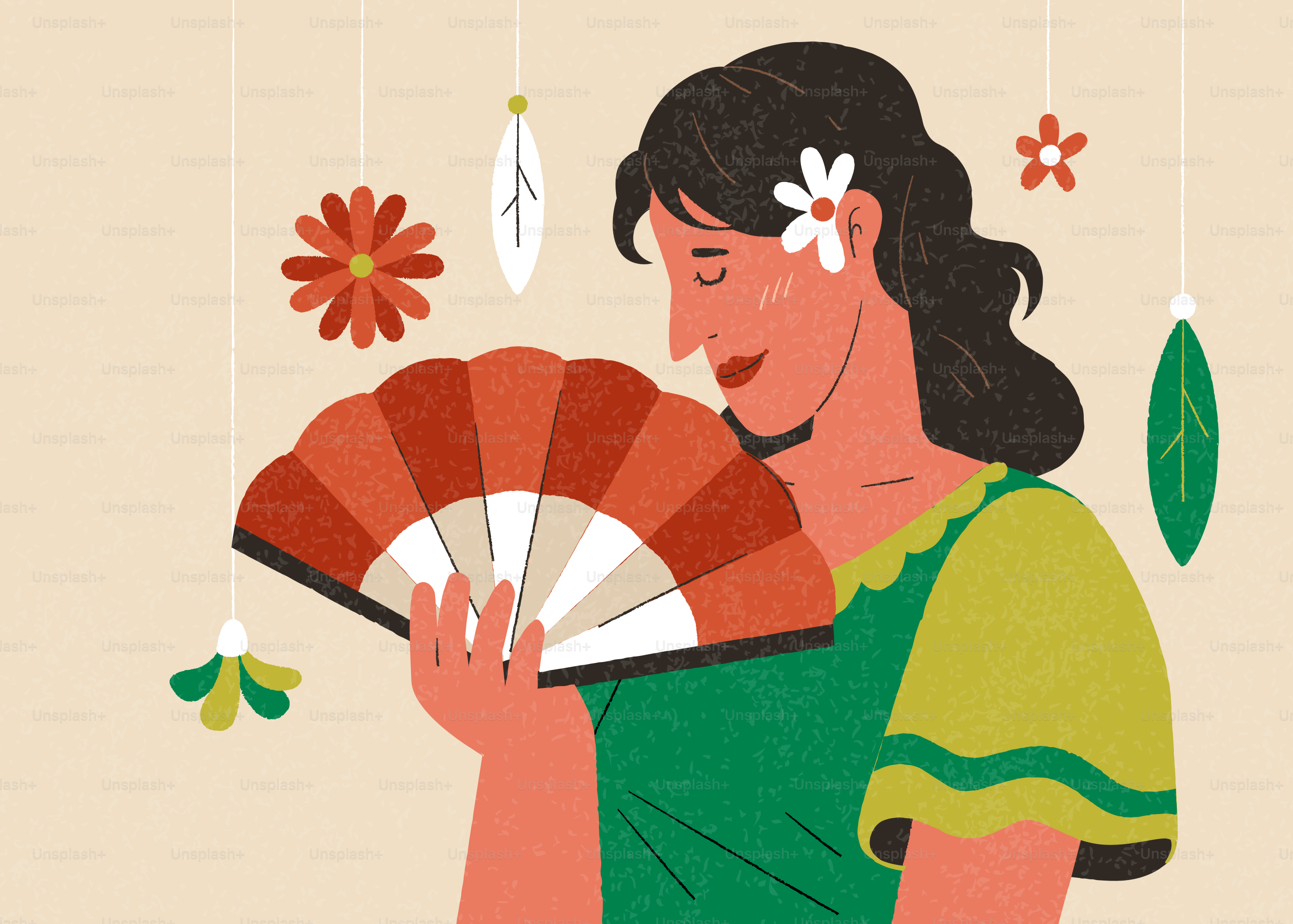 Mulher segurando um leque com flores