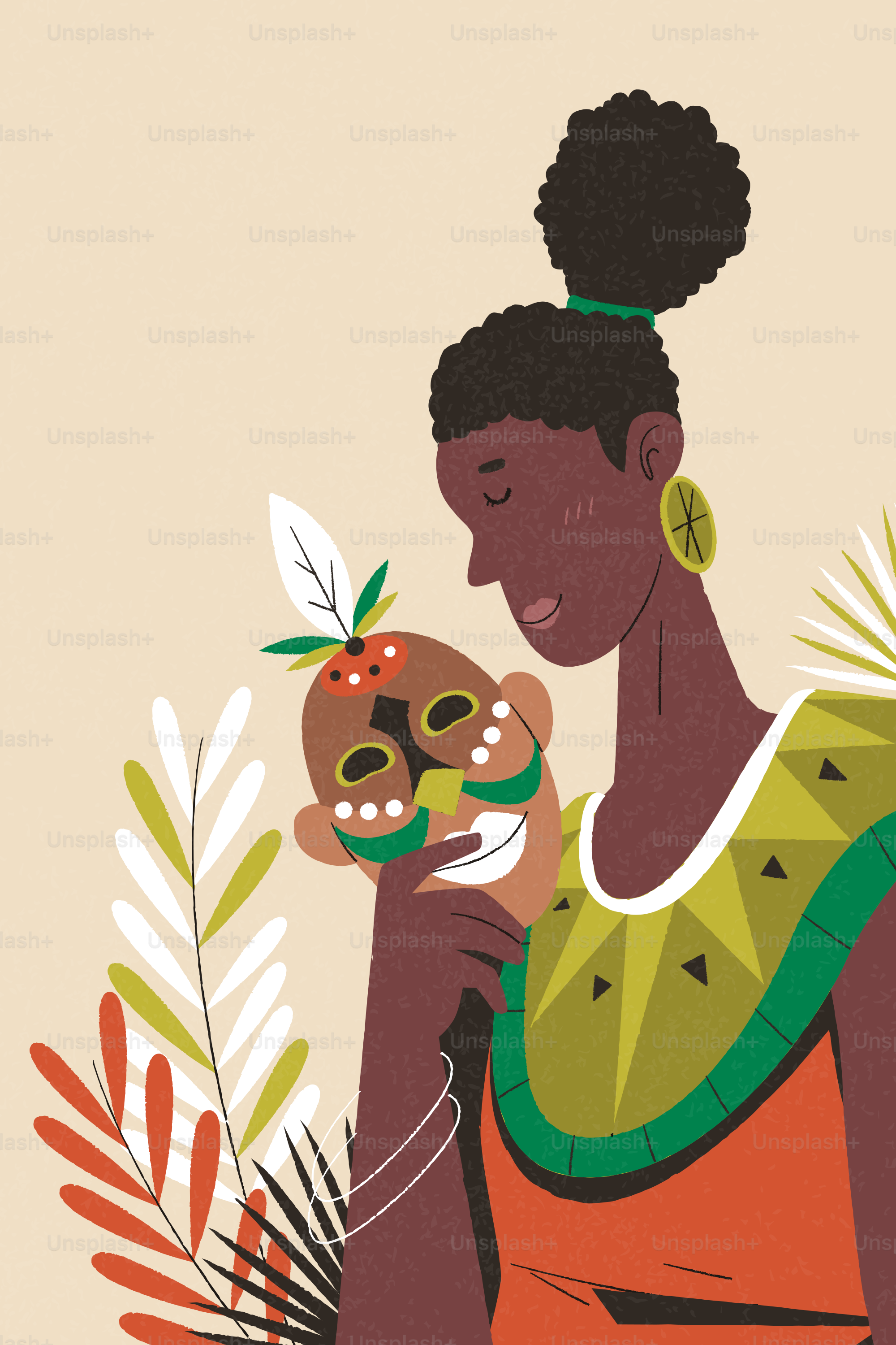 Mulher segurando uma máscara tribal com folhas tropicais