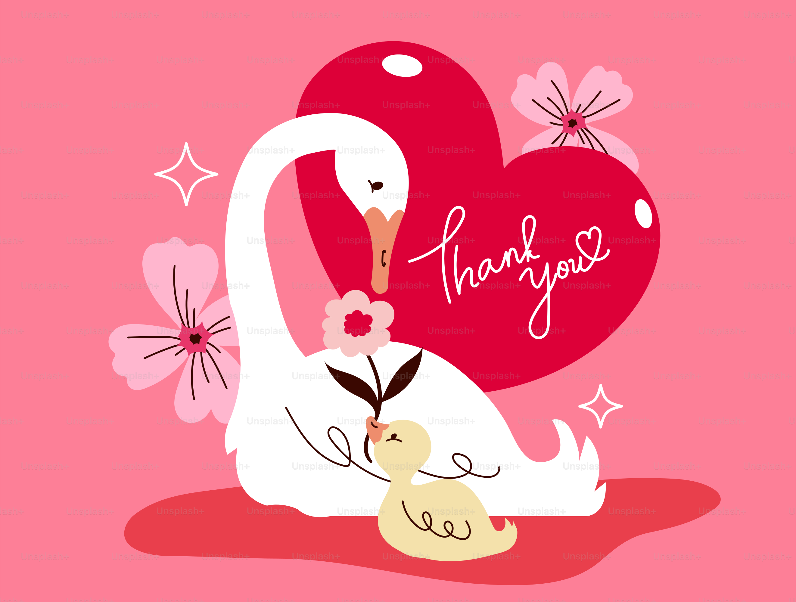 Um cisne e um patinho com coração e flores