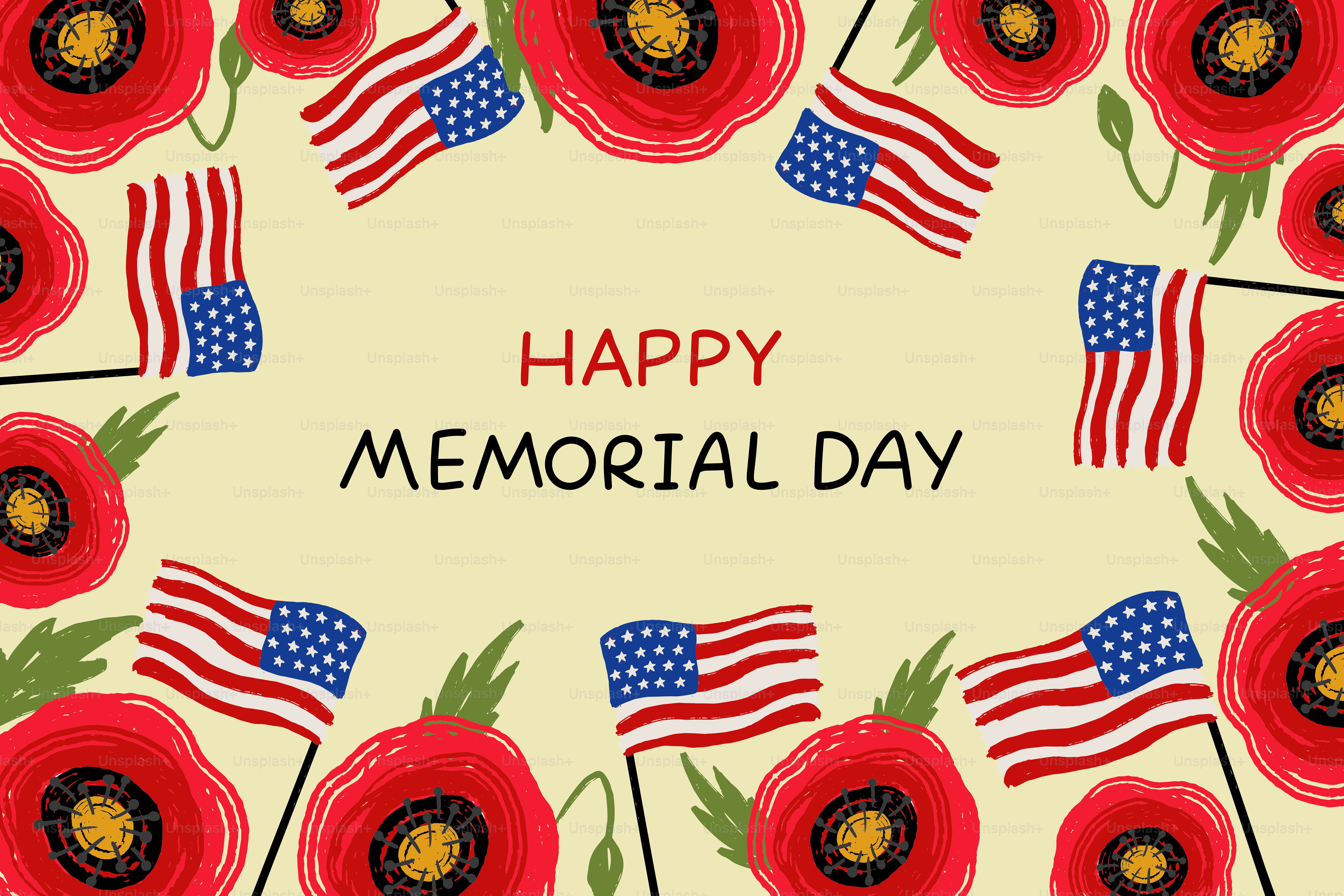 Red poppies and american flags for memorial day.