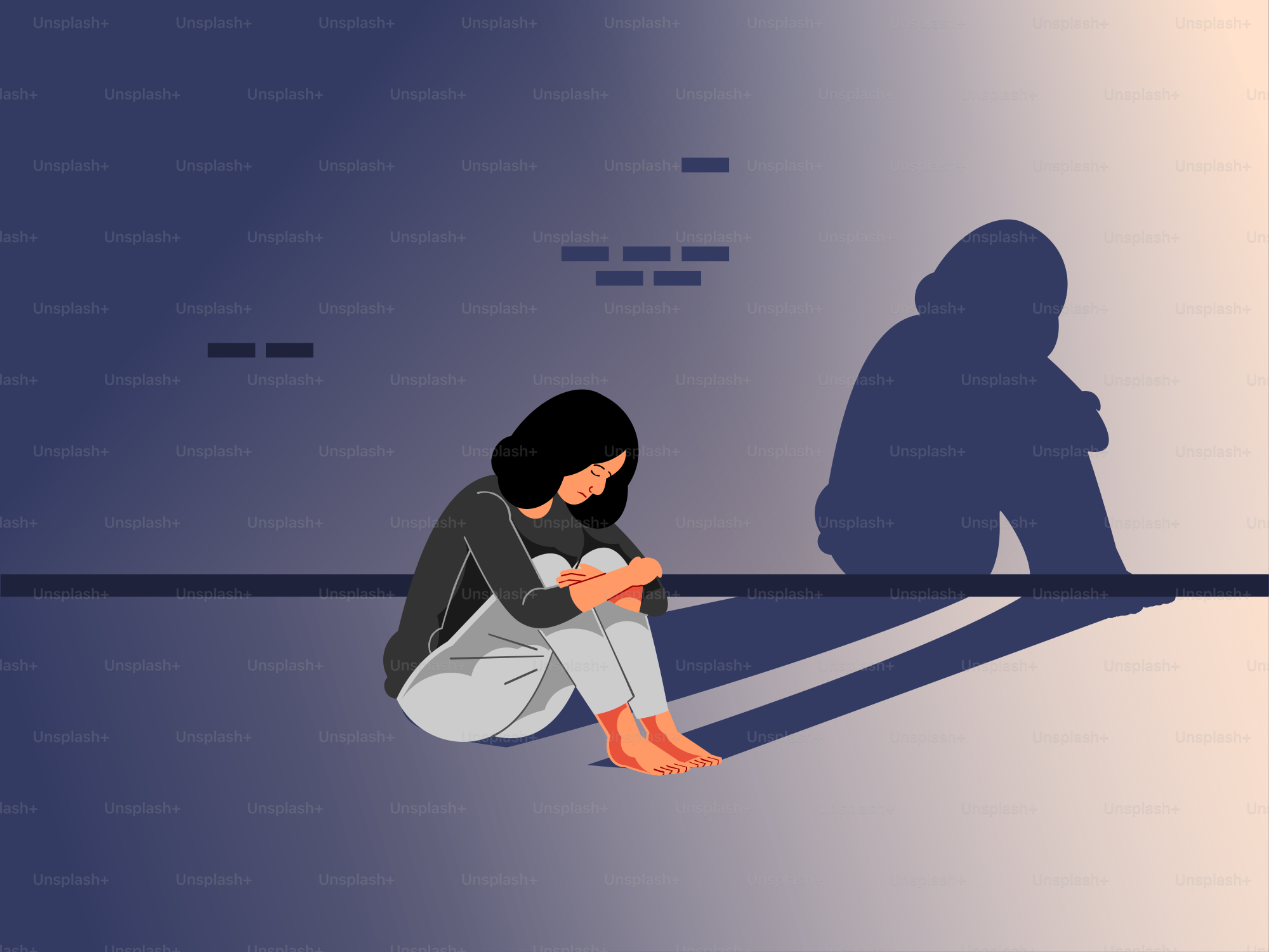 Eine Frau sitzt allein mit ihrem Schatten