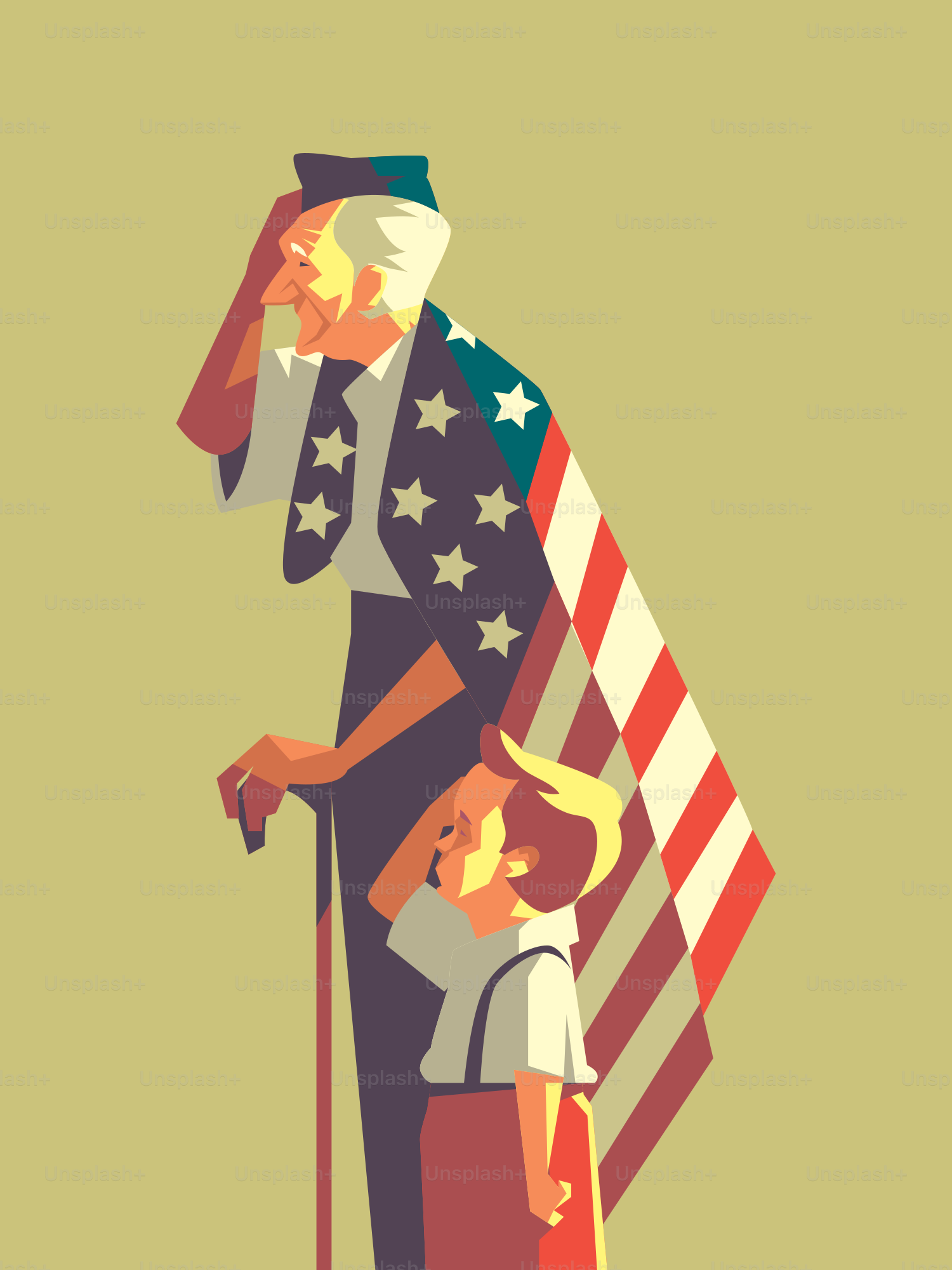 Un vieil homme et un garçon saluent