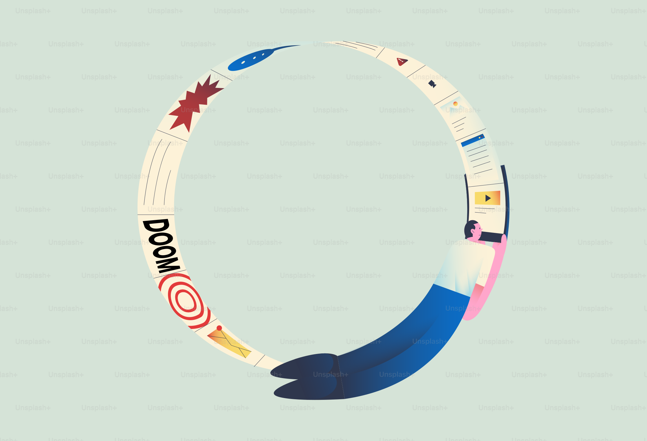 多様な要素と人物を特徴とするスタイライズされた円形イラスト。