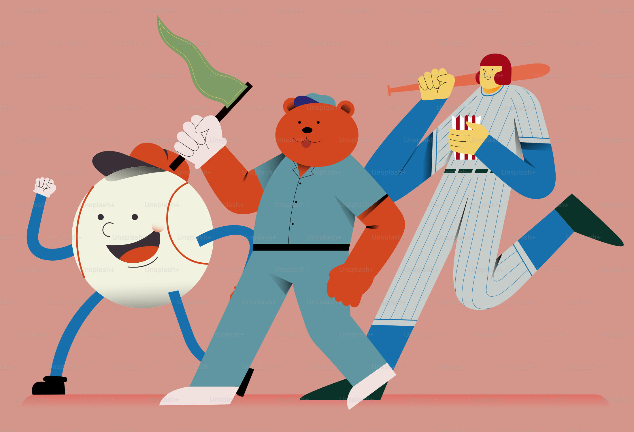 Baseballcharaktere mit Ball, Bären und Schlagmann.