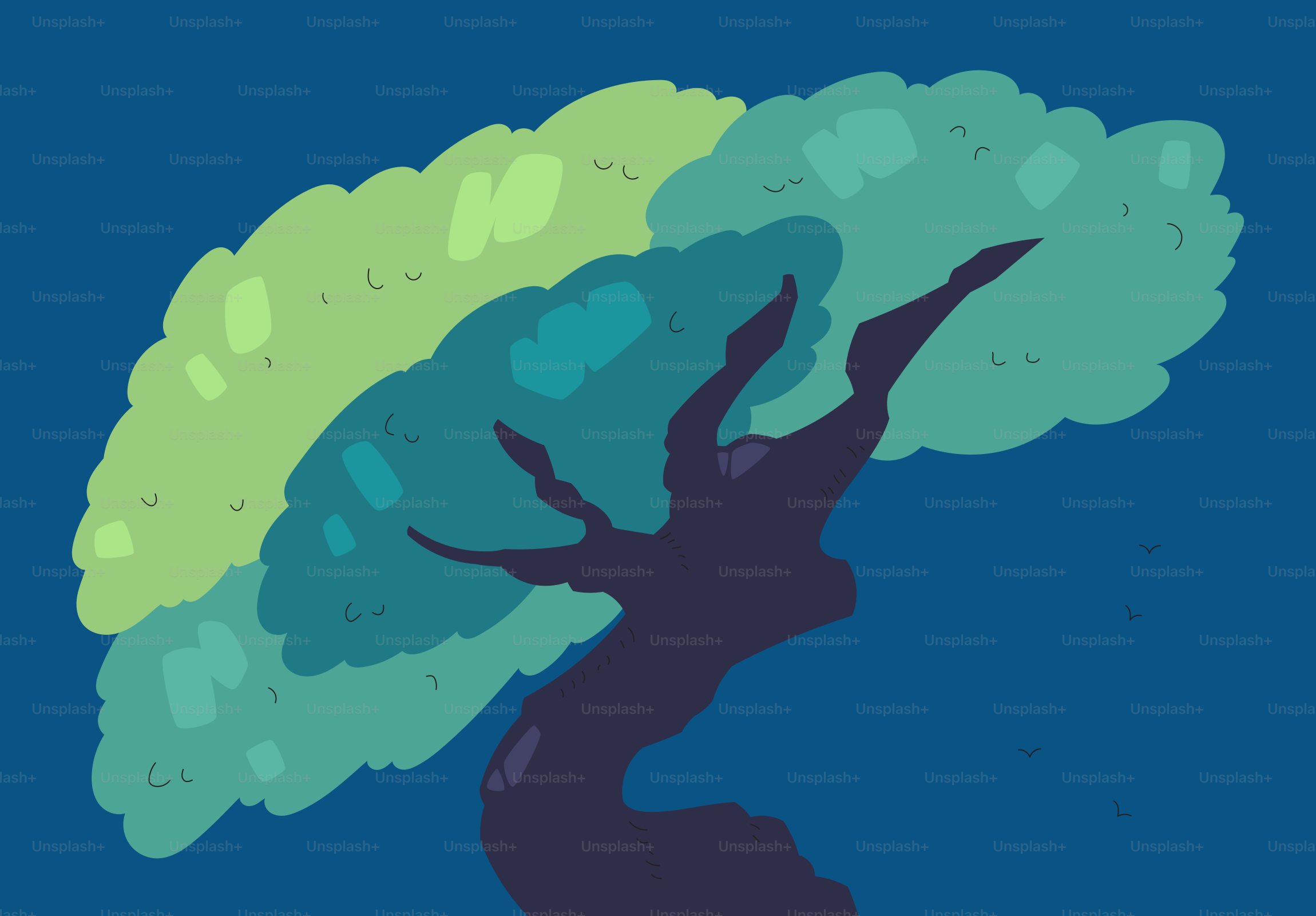 Árvore estilizada com folhas verdes e azuis contra azul escuro