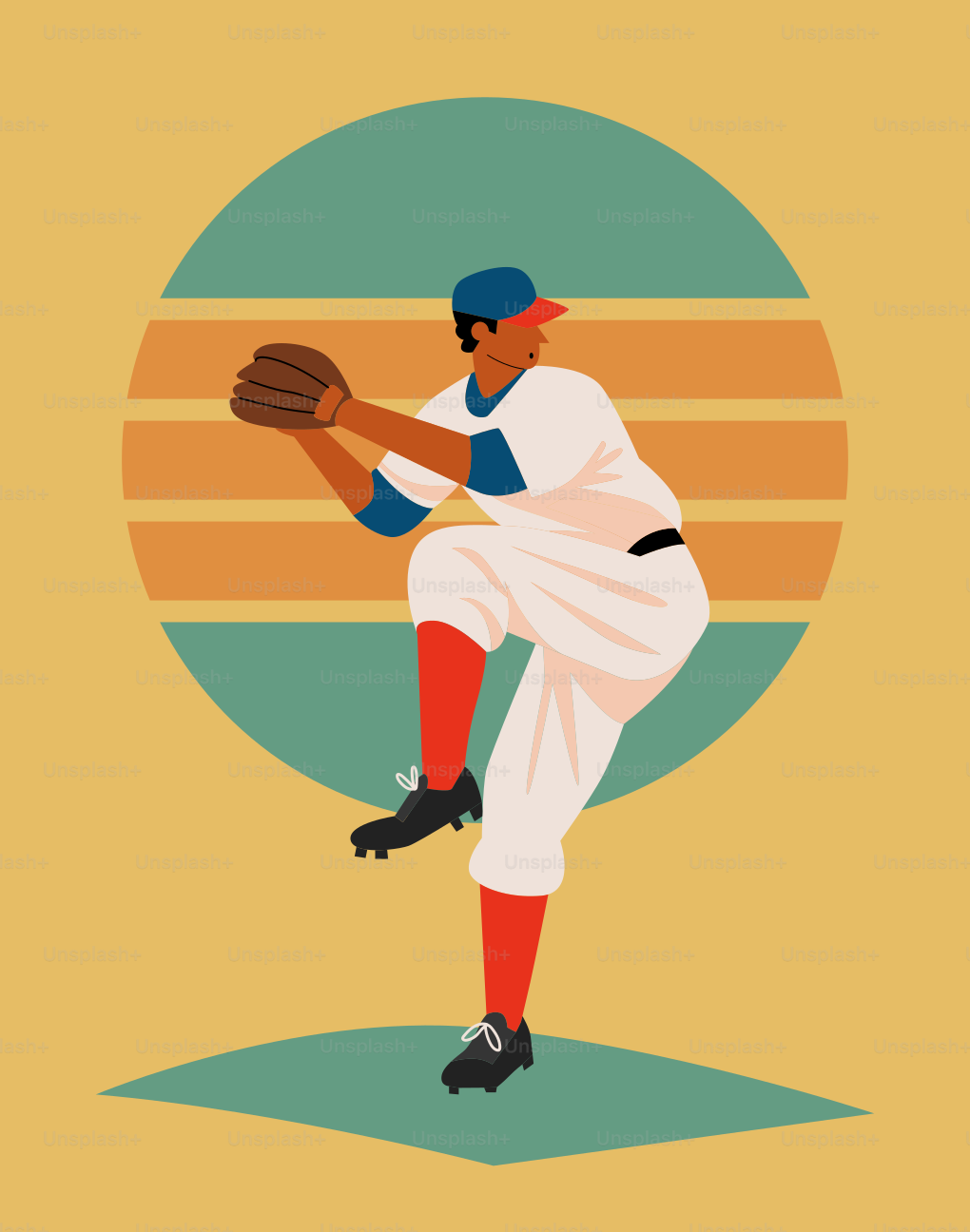 Lanzador de béisbol en medio de un lanzamiento contra un fondo retro