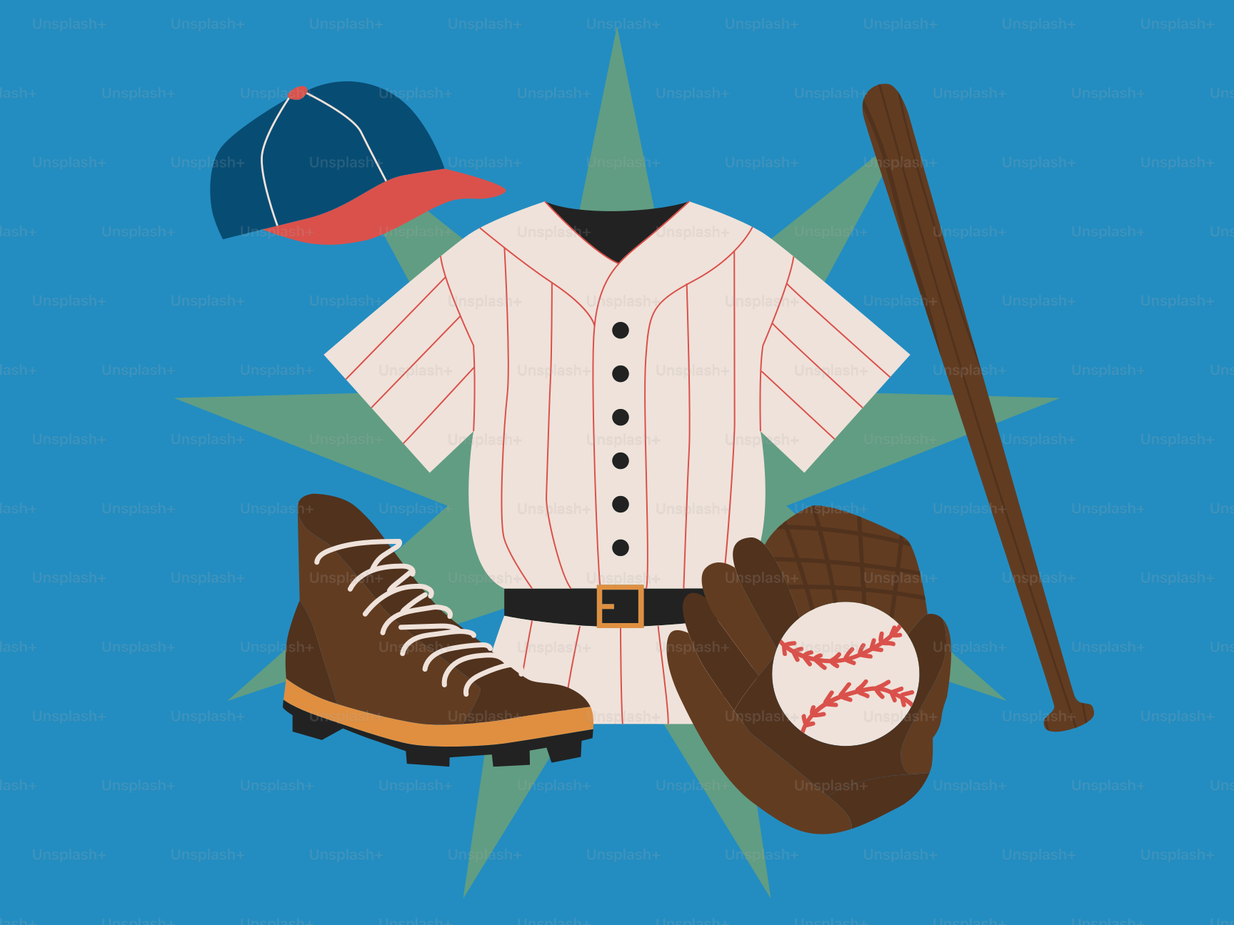 Uniforme de béisbol, gorra, guante, bate y bota sobre fondo azul