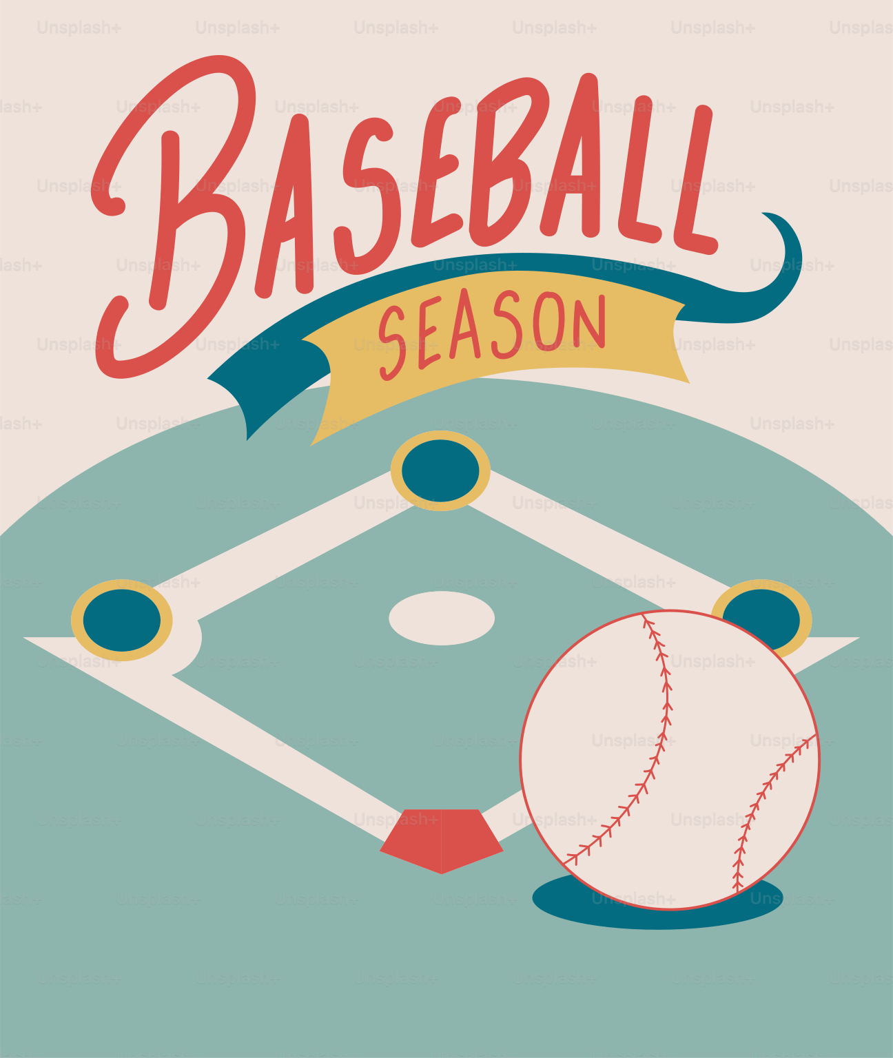 Baseball season graphic with baseball and field.