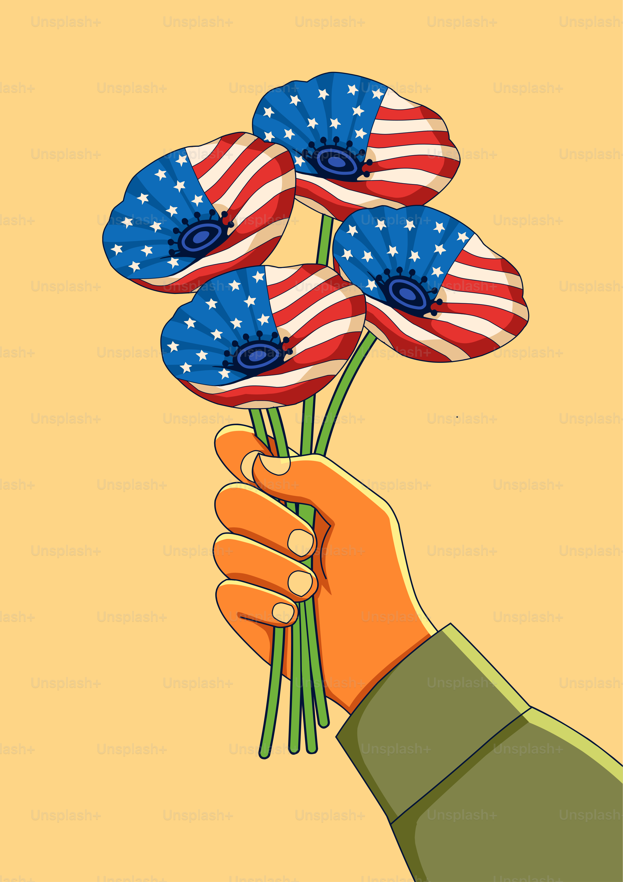 Hand holding poppies with american flag design