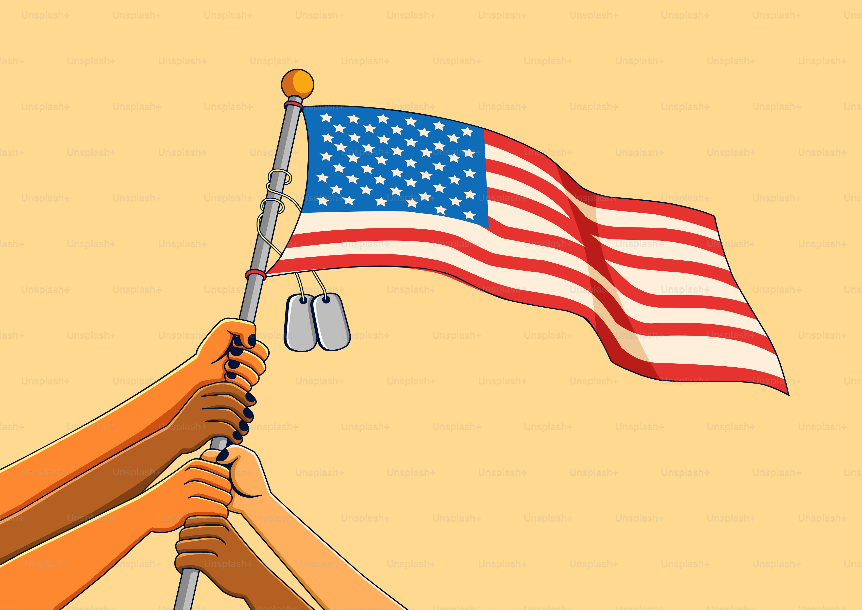 Multiple hands hold up an american flag with dog tags.