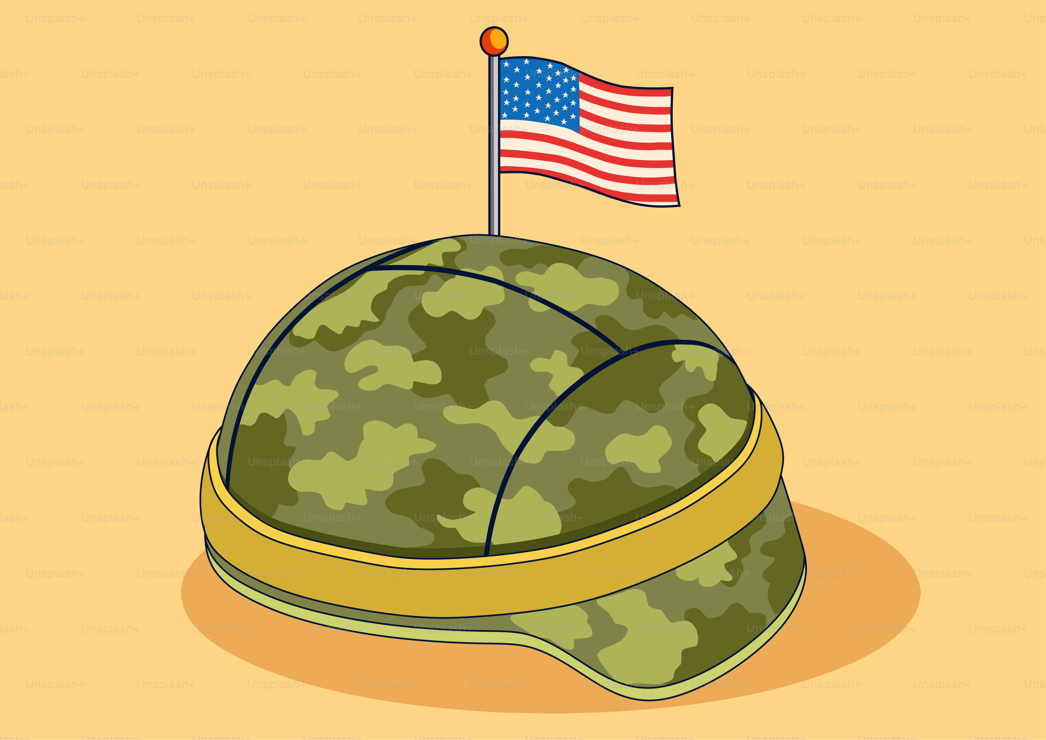 Camouflage helmet with american flag on top